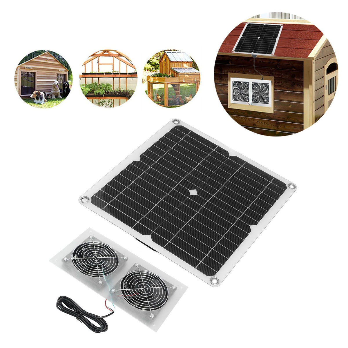 25W Solar Panel Fan Kit IPX65 Waterproof Low Noise Efficient Solar Powered Dual Fan for Chicken Coop Kennel Barn
