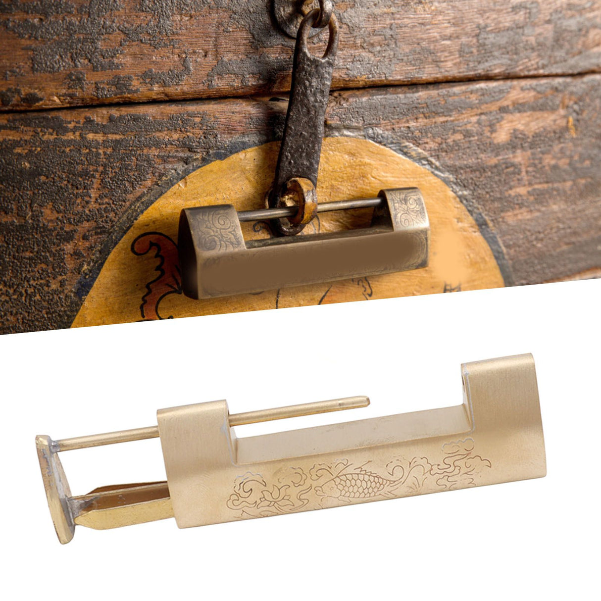 Antique Style Lock Spacing 5.9cm Auspicious Fish Lock Chinese Locks Small Brass Locks Antique Padlock Brass Color