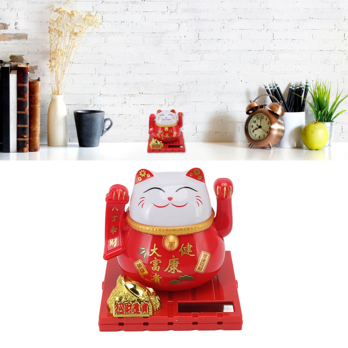 Solar Powered Waving Red Fat Cat Good Luck Wealth Welcoming Lucky Fortune Cat Home Room Office Desktop Decoration Large Size