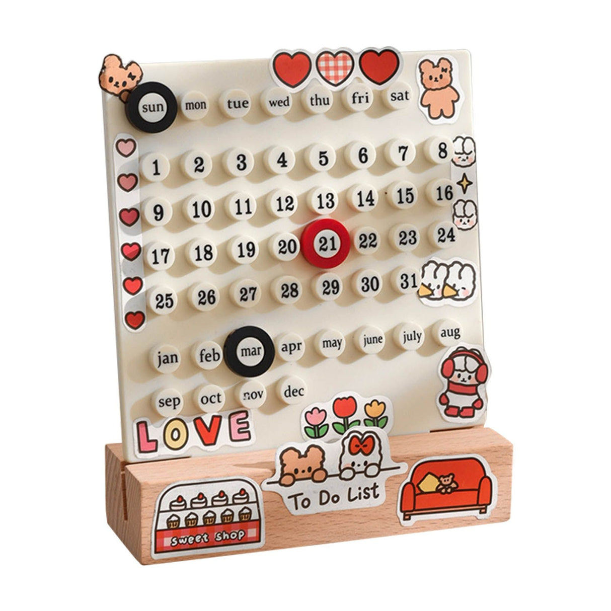 Desk Date Planner Integrated Molding Ring Table Calendar Ornaments for DIY Home Stationer Decoration Birch and ABS White