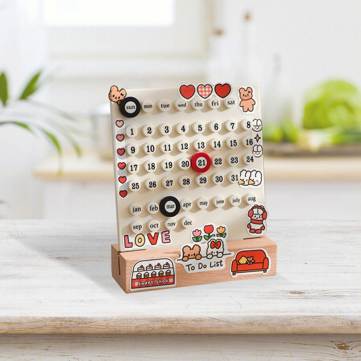 Desk Date Planner Integrated Molding Ring Table Calendar Ornaments for DIY Home Stationer Decoration Birch and ABS White