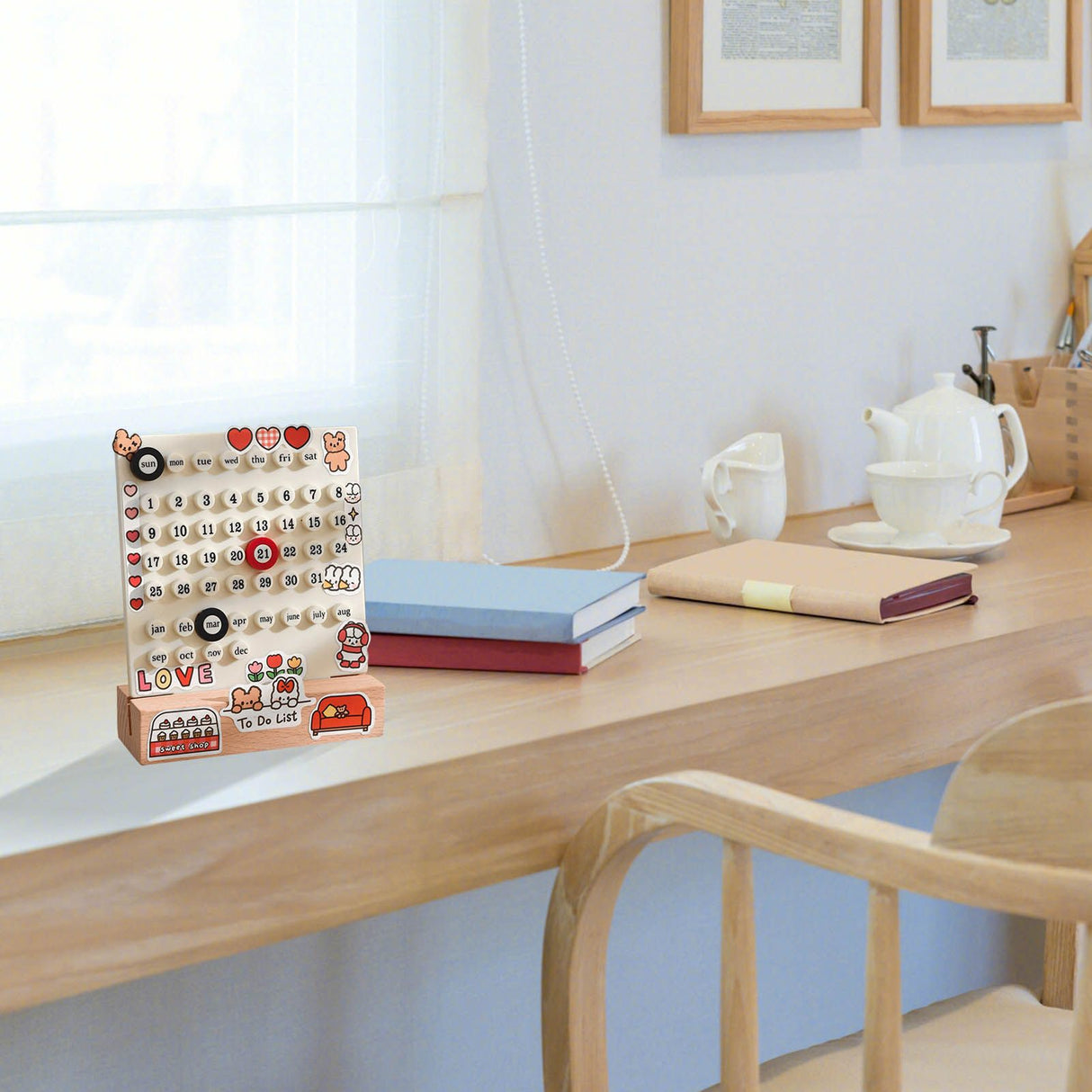 Desk Date Planner Integrated Molding Ring Table Calendar Ornaments for DIY Home Stationer Decoration Birch and ABS White