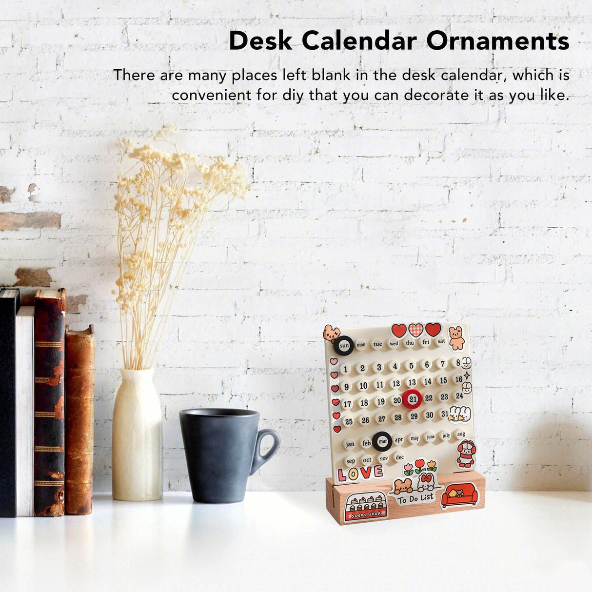 Desk Date Planner Integrated Molding Ring Table Calendar Ornaments for DIY Home Stationer Decoration Birch and ABS White
