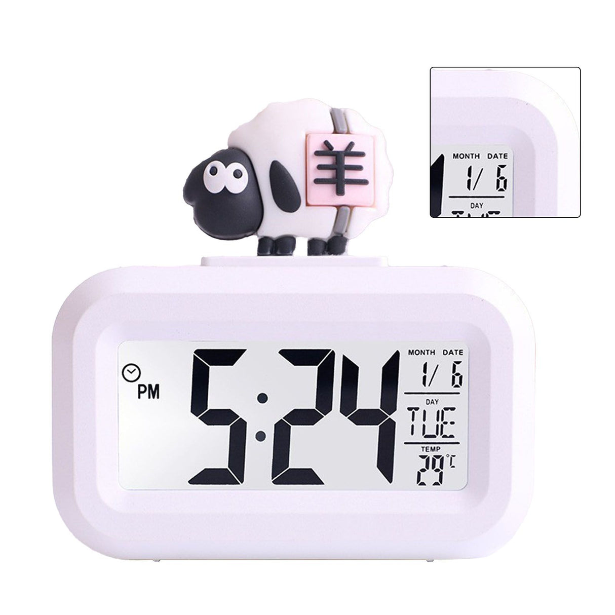 Electronic Clock Cute Cartoon LED Screen Desktop Electronic Alarm Data Time Calendar Temperature Clock White Sheep
