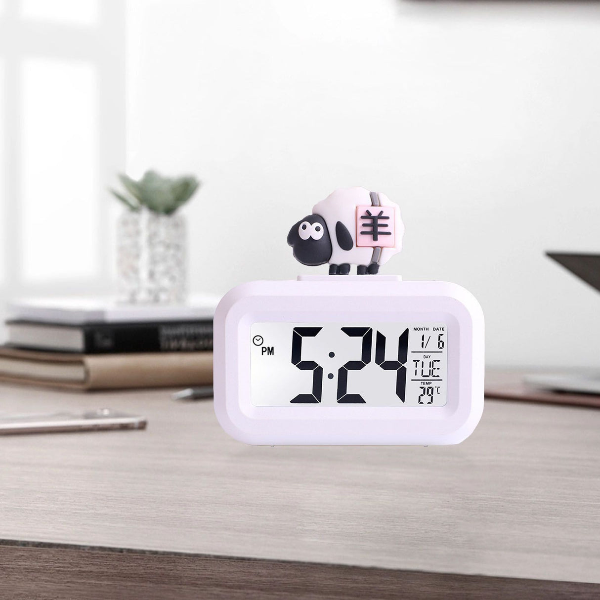 Electronic Clock Cute Cartoon LED Screen Desktop Electronic Alarm Data Time Calendar Temperature Clock White Sheep