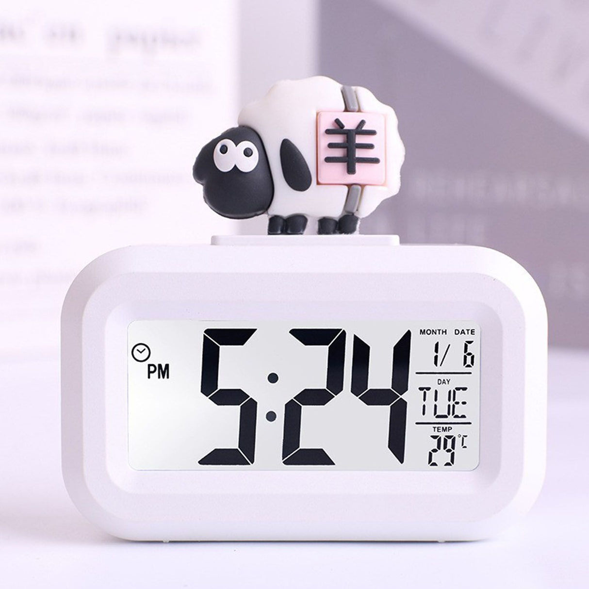 Electronic Clock Cute Cartoon LED Screen Desktop Electronic Alarm Data Time Calendar Temperature Clock White Sheep