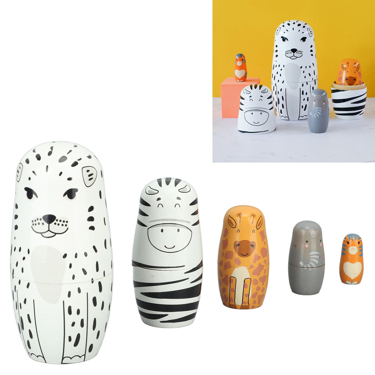 5Pcs Russian Nesting Dolls Hand Made Exquisite Wooden Animal Nesting Dolls for Christmas Gift House Decoration