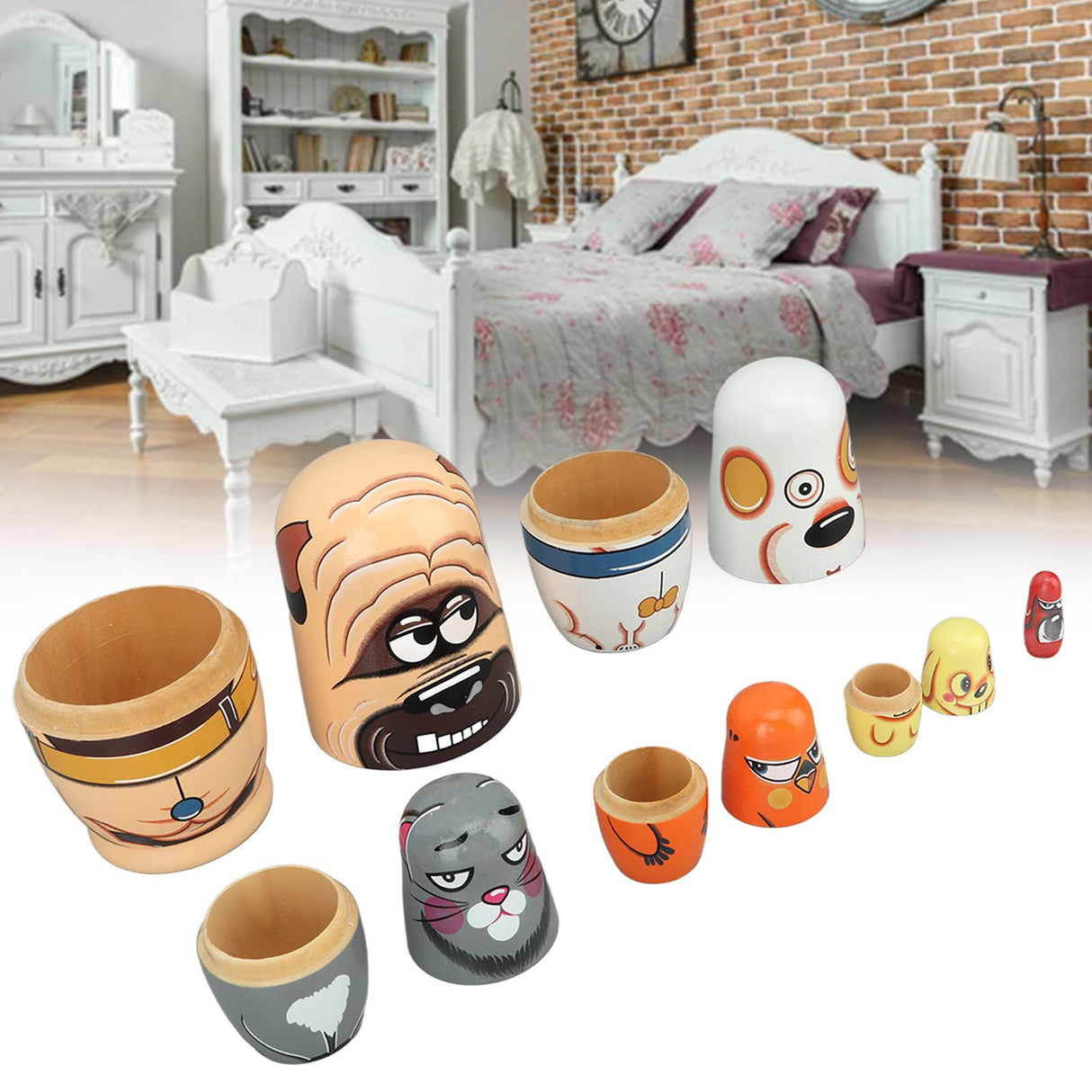 6PCS Dog Nesting Dolls Wooden Handmade Decorative Russian Nesting Doll Toy for Kids Christmas Birthday Wishing Gift
