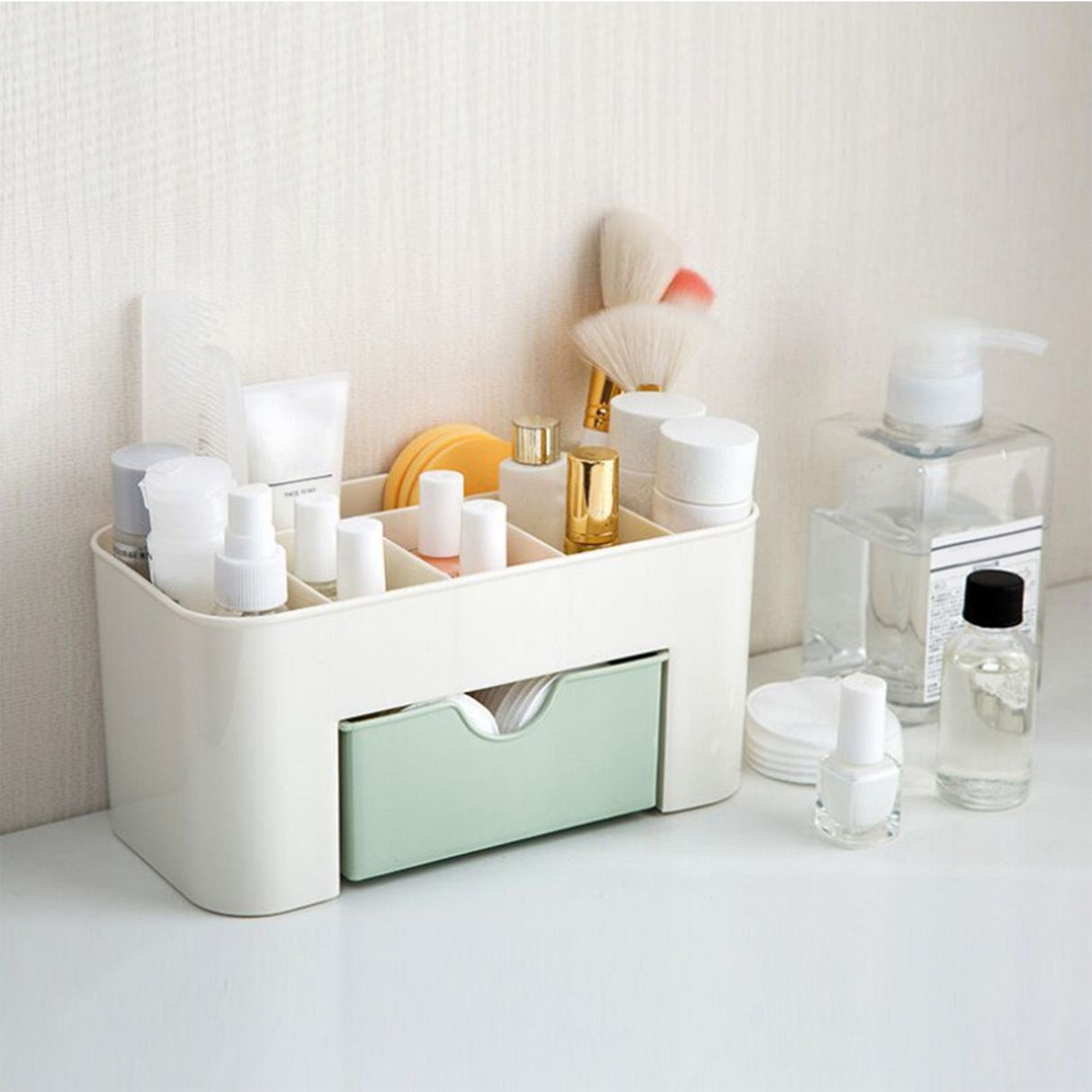 Cosmetics Makeup Organizer PP Multifunctional 6 Compartments Makeup Desk Organizer with Drawer Green