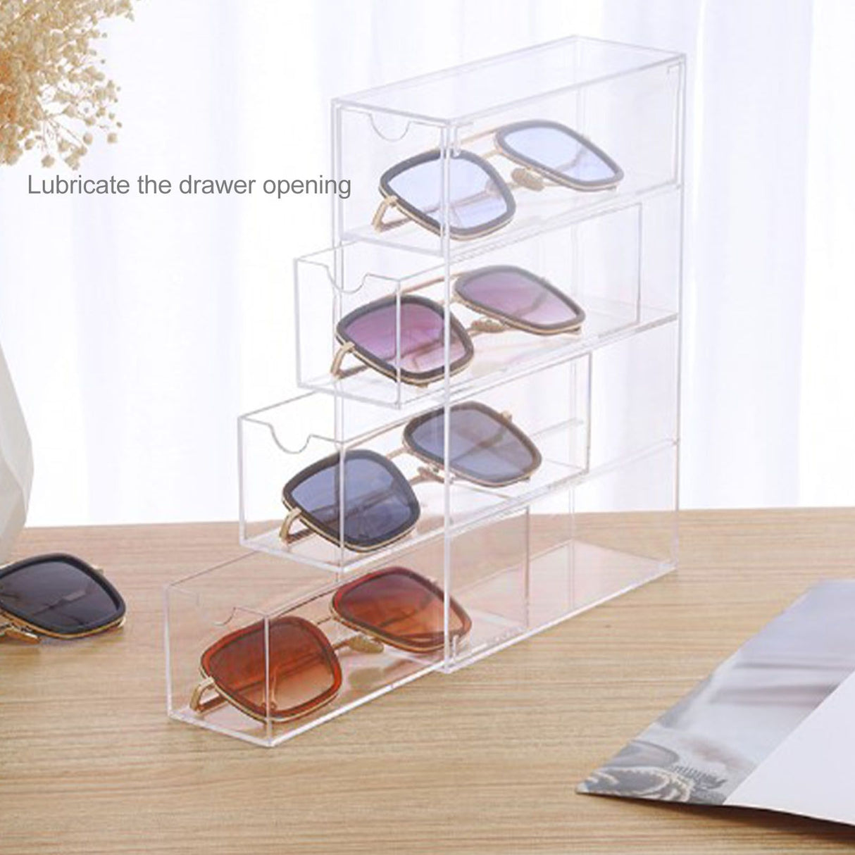 4 Drawers Eyeglass Storage Organizer Box Clear Acrylic Stackable Sunglasses Display Holder Organizer for Makeup Office Items