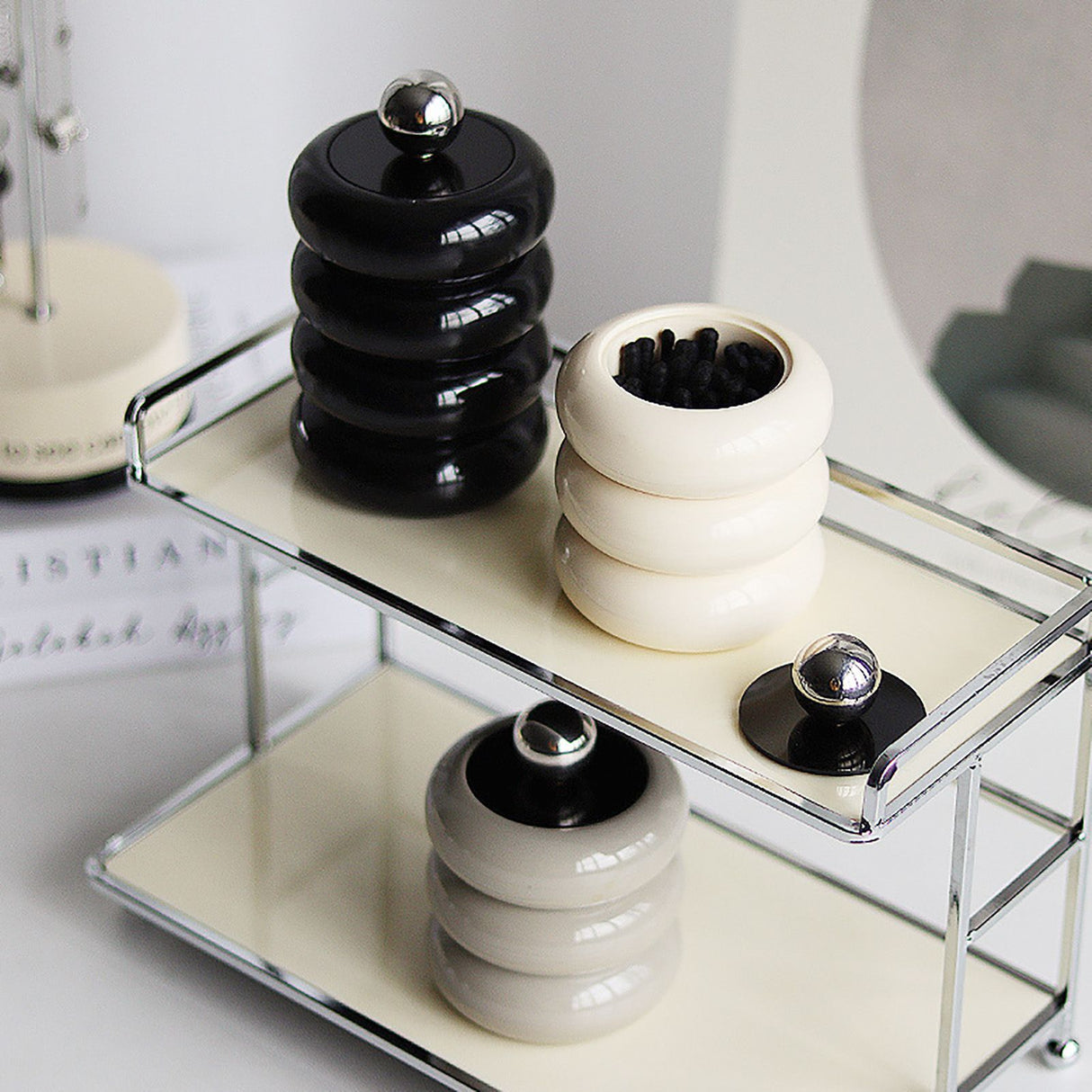 Nordic Style Qtip Holder Dispenser Desktop Dustproof Cotton Swab Storage Container Doughnut Shape Makeup Storage Box with Lid Black 4 Layers