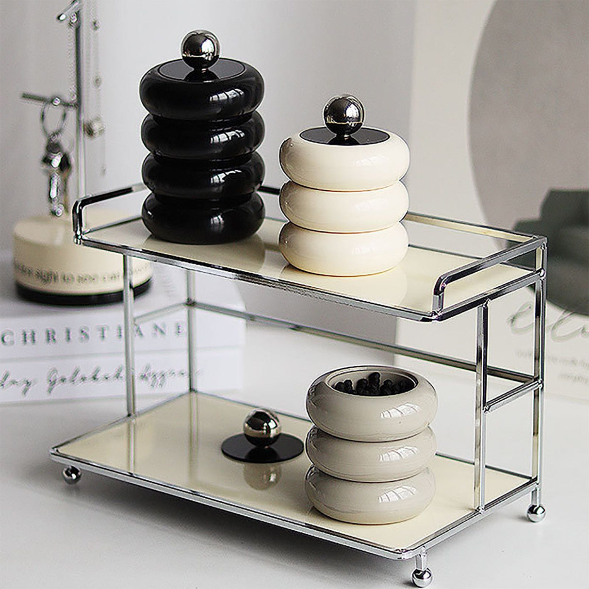 Nordic Style Qtip Holder Dispenser Desktop Dustproof Cotton Swab Storage Container Doughnut Shape Makeup Storage Box with Lid Black 4 Layers