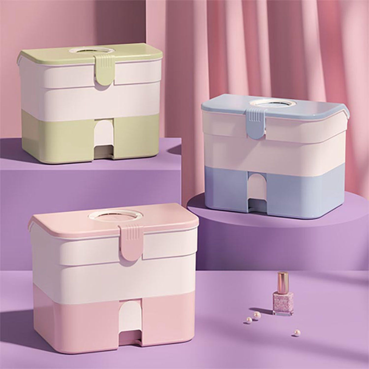 Cosmetic Storage Box 2 Layers Drawer Large Capacity Portable Makeup Storage Box with Handle for Nail Polish Nail Art Green