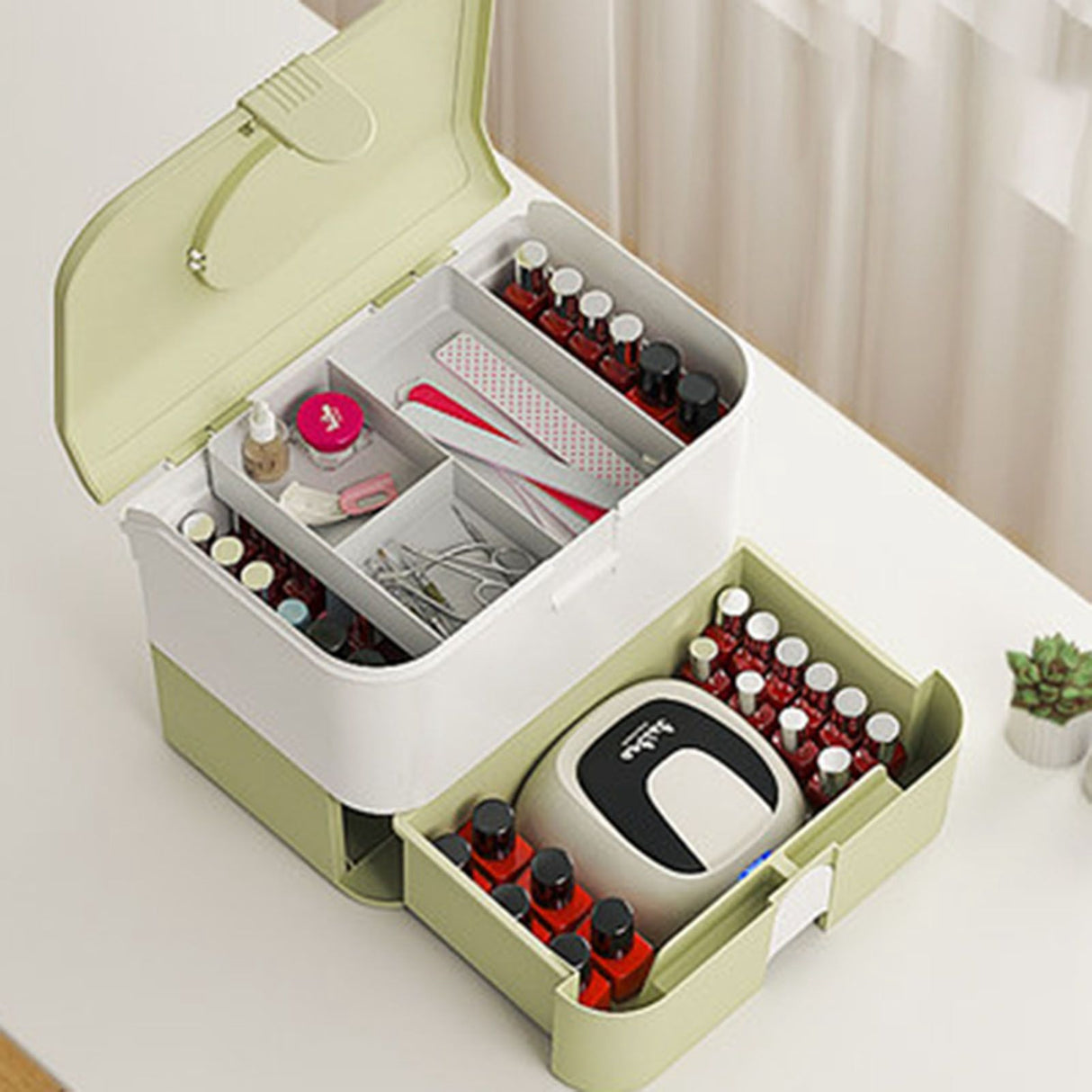 Cosmetic Storage Box 2 Layers Drawer Large Capacity Portable Makeup Storage Box with Handle for Nail Polish Nail Art Green