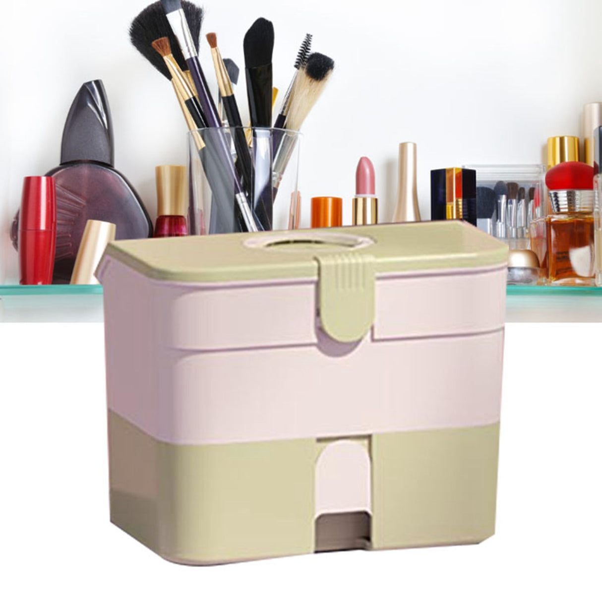 Cosmetic Storage Box 2 Layers Drawer Large Capacity Portable Makeup Storage Box with Handle for Nail Polish Nail Art Green