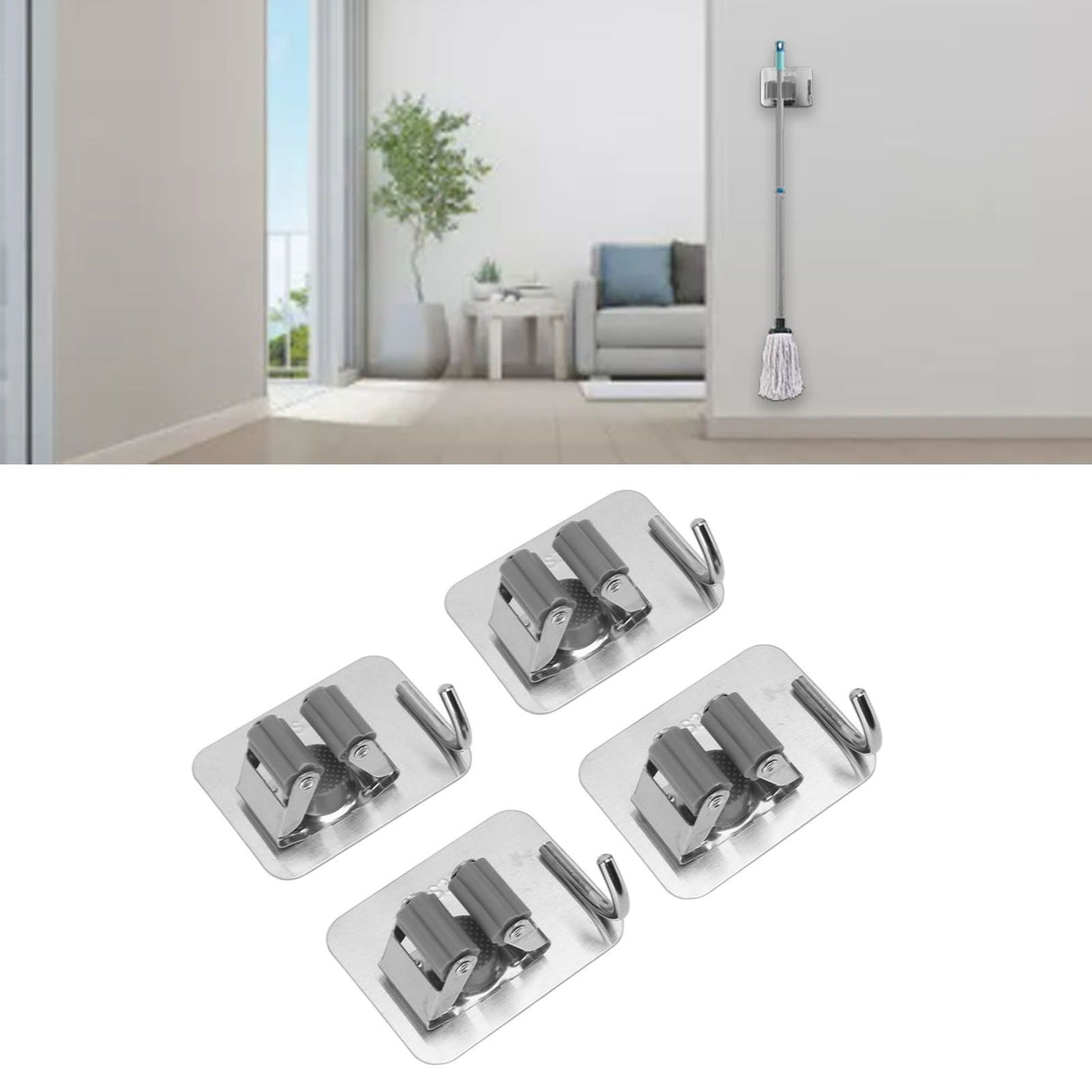 4Pcs Silver Mop Broom Holder with Hook Wall Mounted 304 Stainless Steel Mop Clip Holder