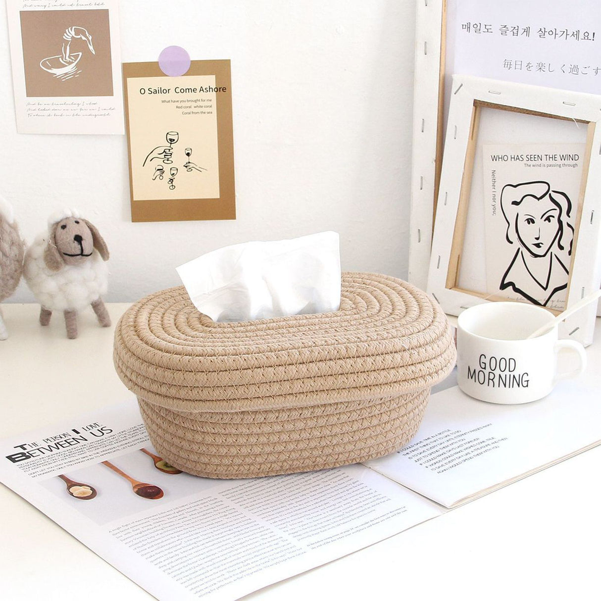 Tissue Box Cover Handmade Cotton Rope Napkin Tissue Holder Decorative Household Desktop Tissue Storage Box Khaki