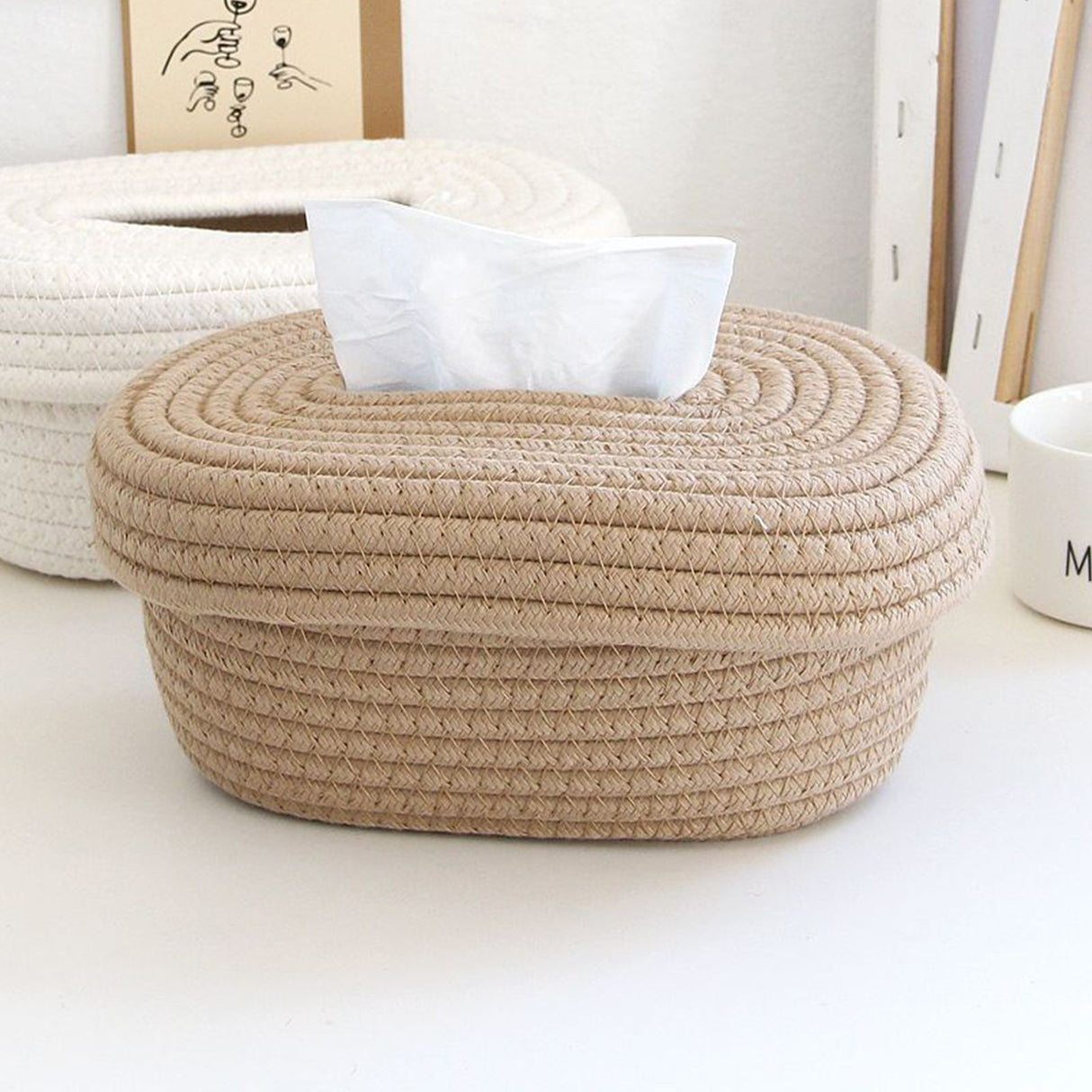 Tissue Box Cover Handmade Cotton Rope Napkin Tissue Holder Decorative Household Desktop Tissue Storage Box Khaki