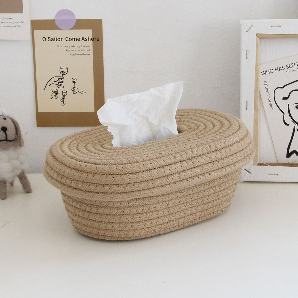 Tissue Box Cover Handmade Cotton Rope Napkin Tissue Holder Decorative Household Desktop Tissue Storage Box Khaki