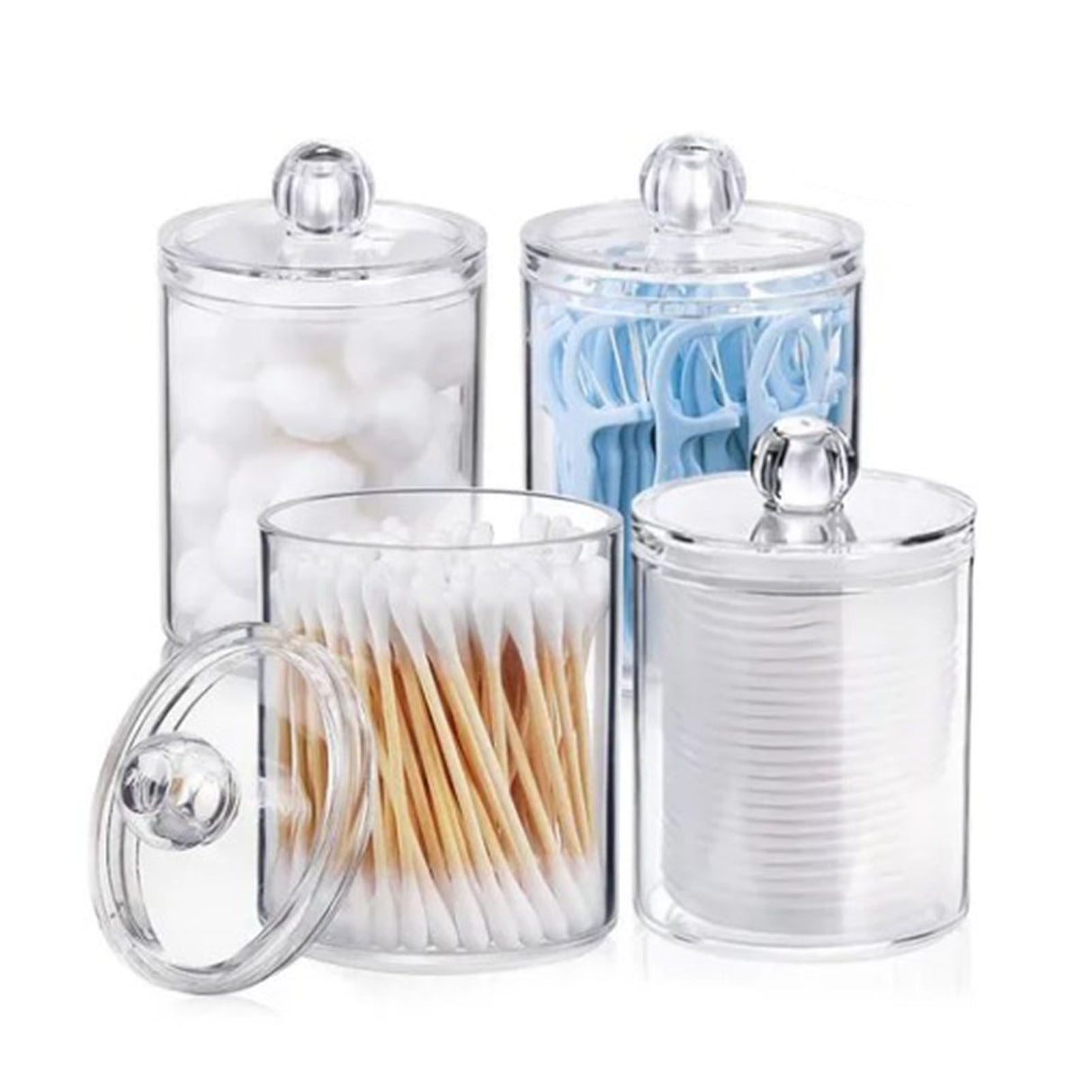 4Pcs Storage Jar Clear Round PS Plastic Bathroom Canister Set for Qtips Cotton Swabs Balls Cosmetic Pads