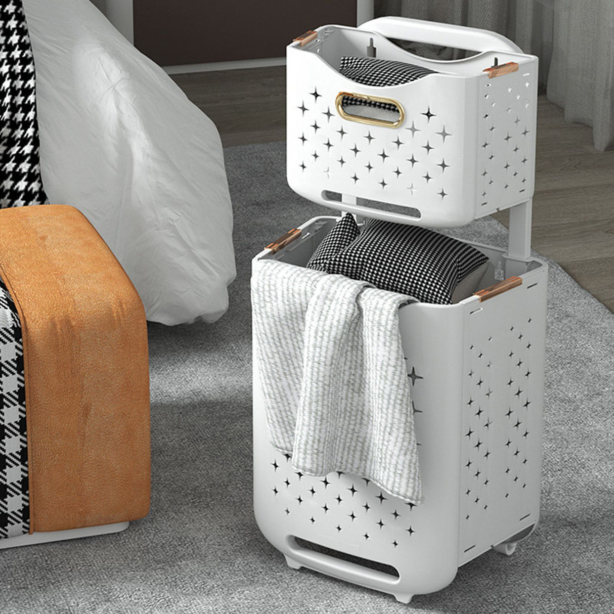 Collapsible Laundry Basket Portable Foldable Laundry Hamper Clothes Storage Organizer Basket for Home Hotel Rose Gold Combination
