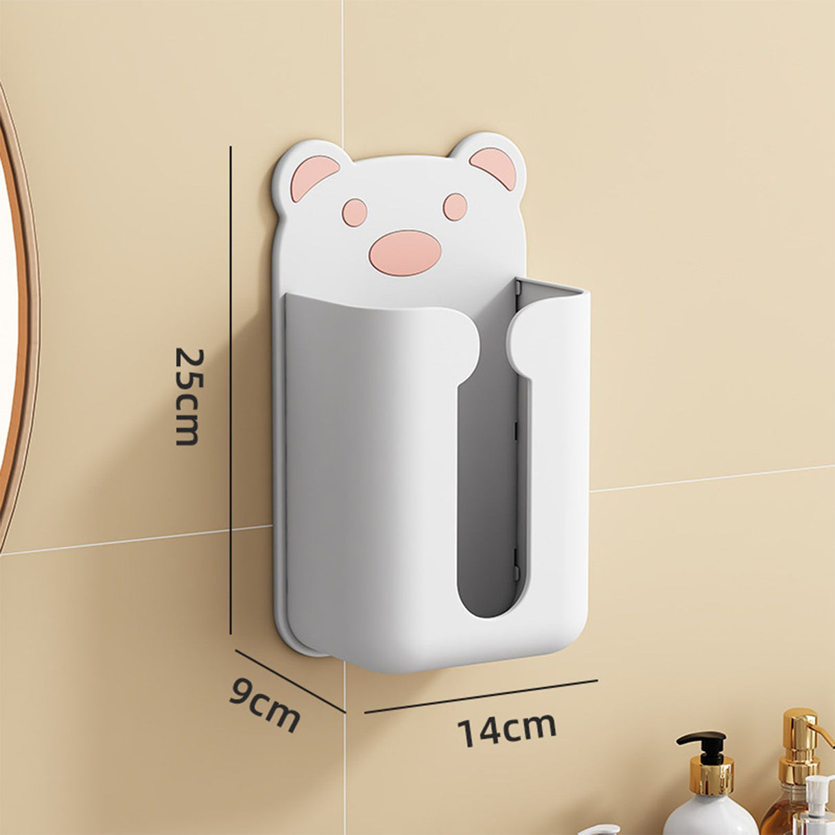 Wall Mounted Tissue Box Punching Free Cute Bear Pattern Plastic Tissue Dispenser for Home Bathroom White Bear Pink