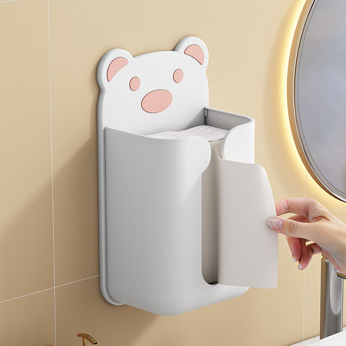 Wall Mounted Tissue Box Punching Free Cute Bear Pattern Plastic Tissue Dispenser for Home Bathroom White Bear Pink