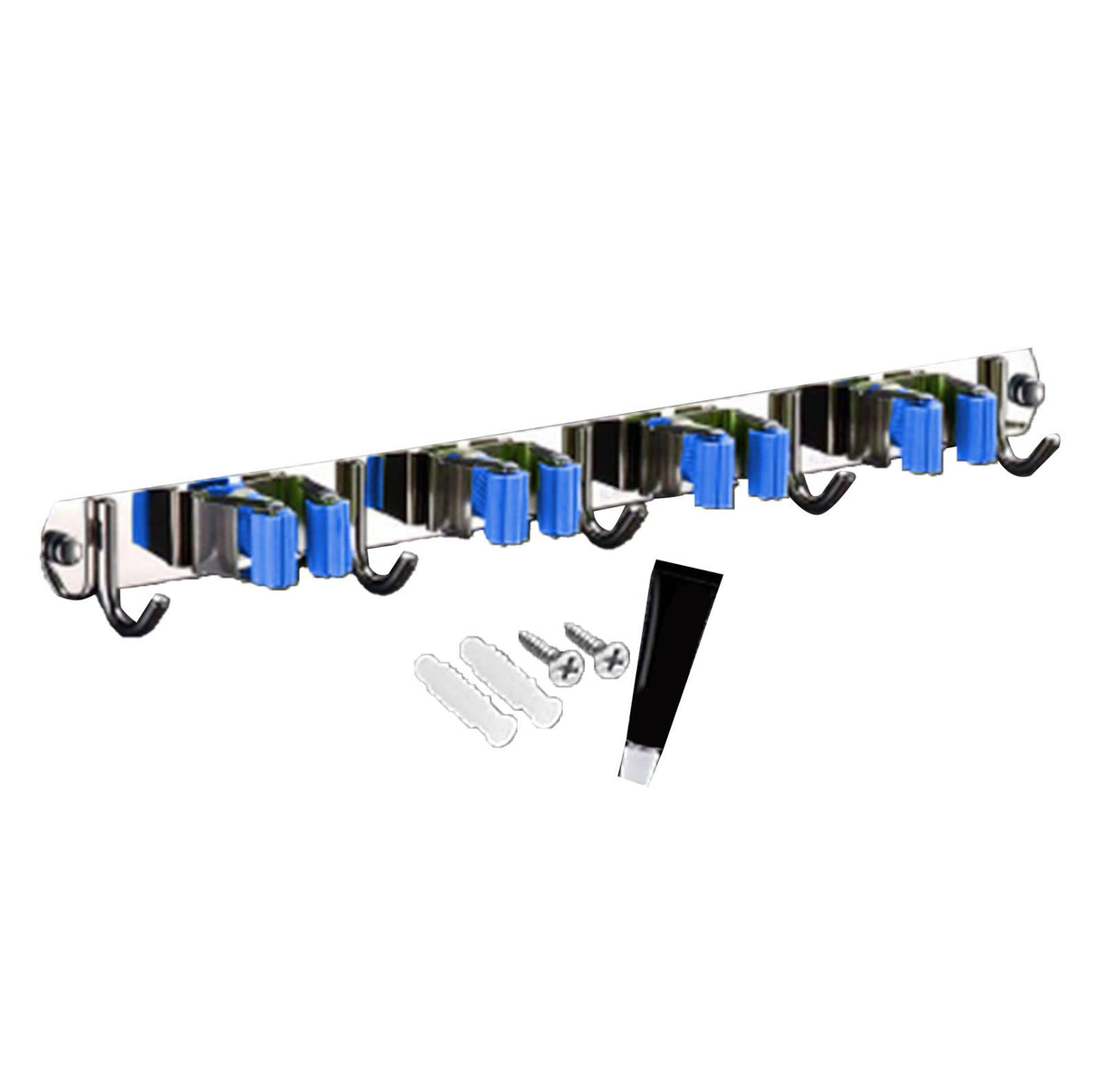 Punch Free Wall Mount Mop Broom Holder 4 Clips 5 Hooks Stainless Steel Mop Broom Holder Blue
