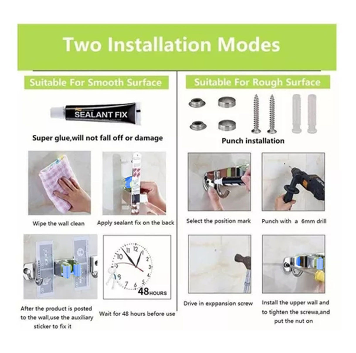 Punch Free Wall Mount Mop Broom Holder 4 Clips 5 Hooks Stainless Steel Mop Broom Holder Blue