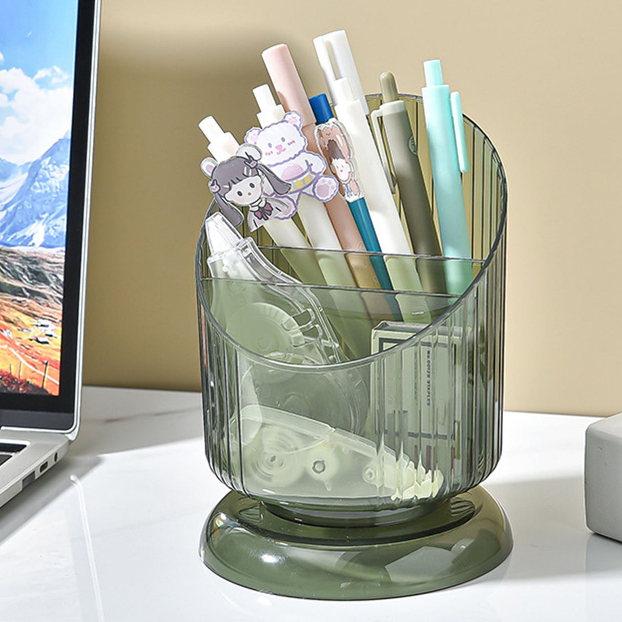 Makeup Brush Holder Organizer Plastic Transparent Round Makeup Brush Storage Holder Cup for Pen Pencil Green Free Size