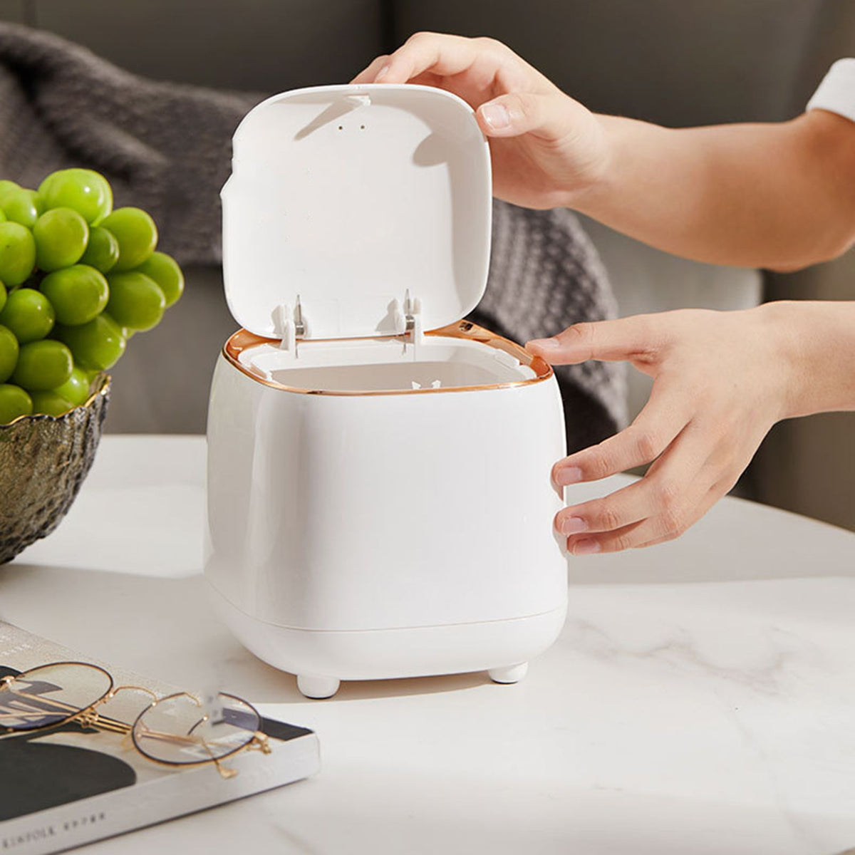 Push Type Desktop Trash Bin with Lid Fashionable Double Layer Large Opening Garbage Container for Living Room White