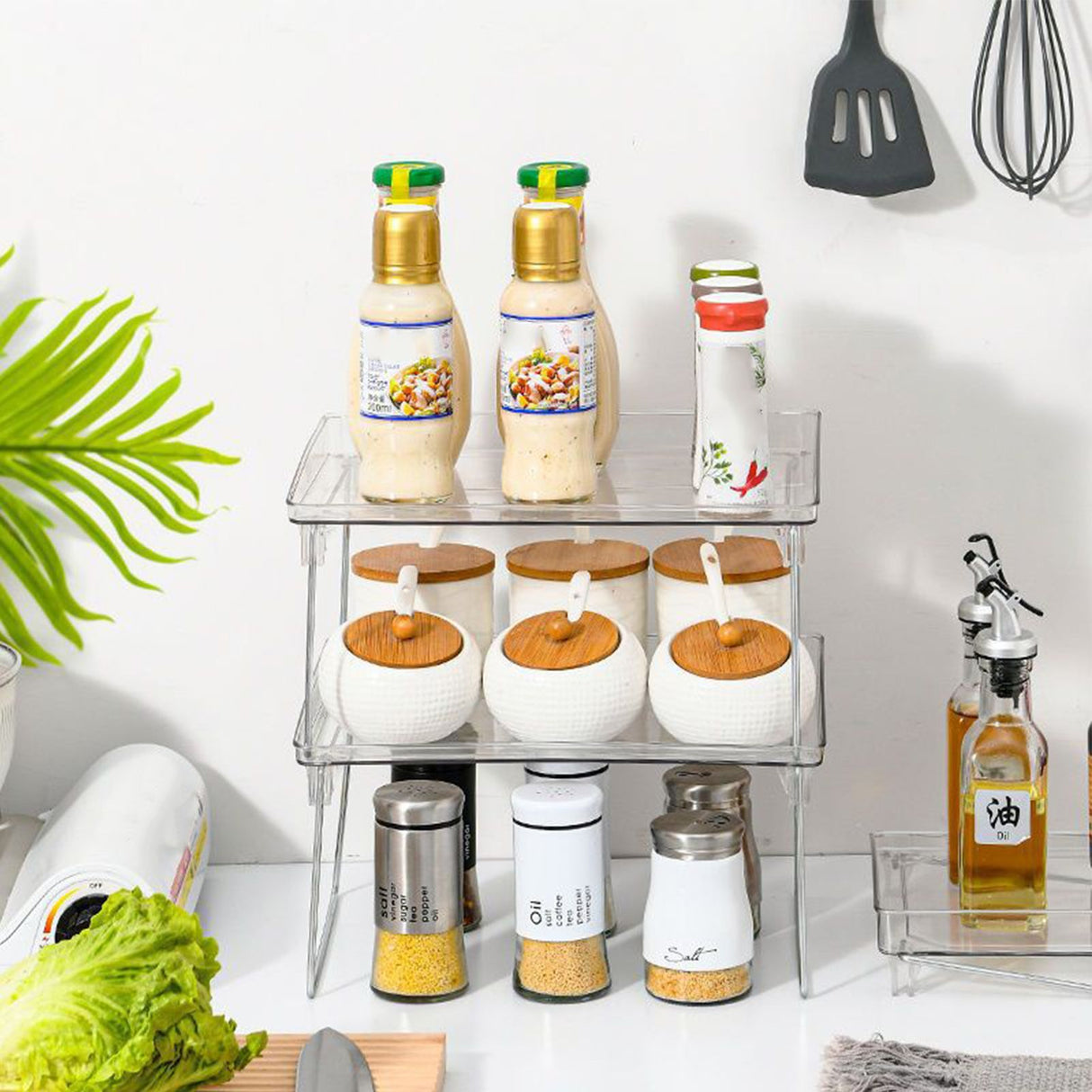 Stackable Clear Organizer Plastic Transparent Tabletop Storage Rack for Makeup Kitchen Tool Stationery One Tier Free Size