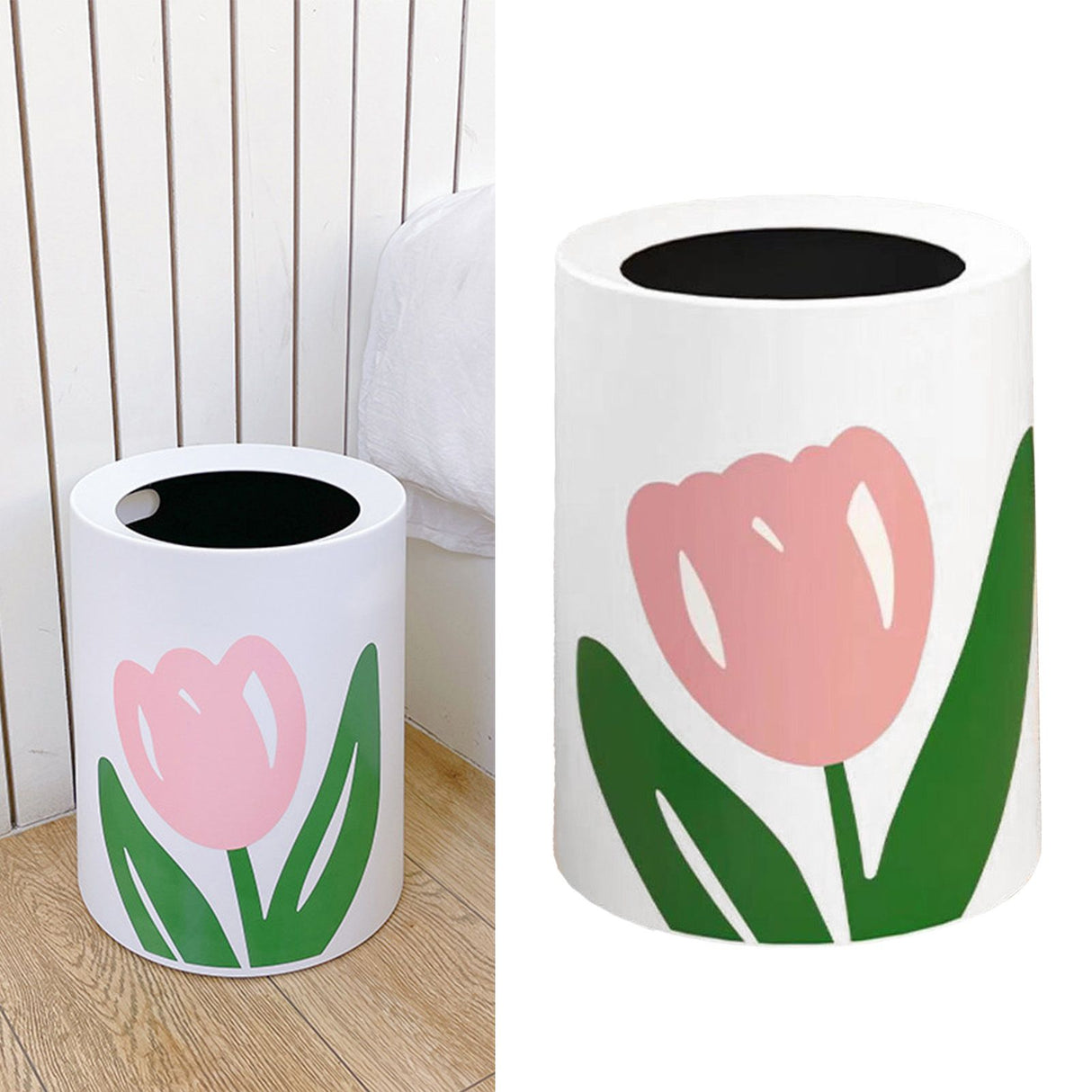Floral Trash Can Large Mouth Cute Appearance Modern Style Garbage Waste Basket for Kitchen Bathroom Bedroom Round Small Size