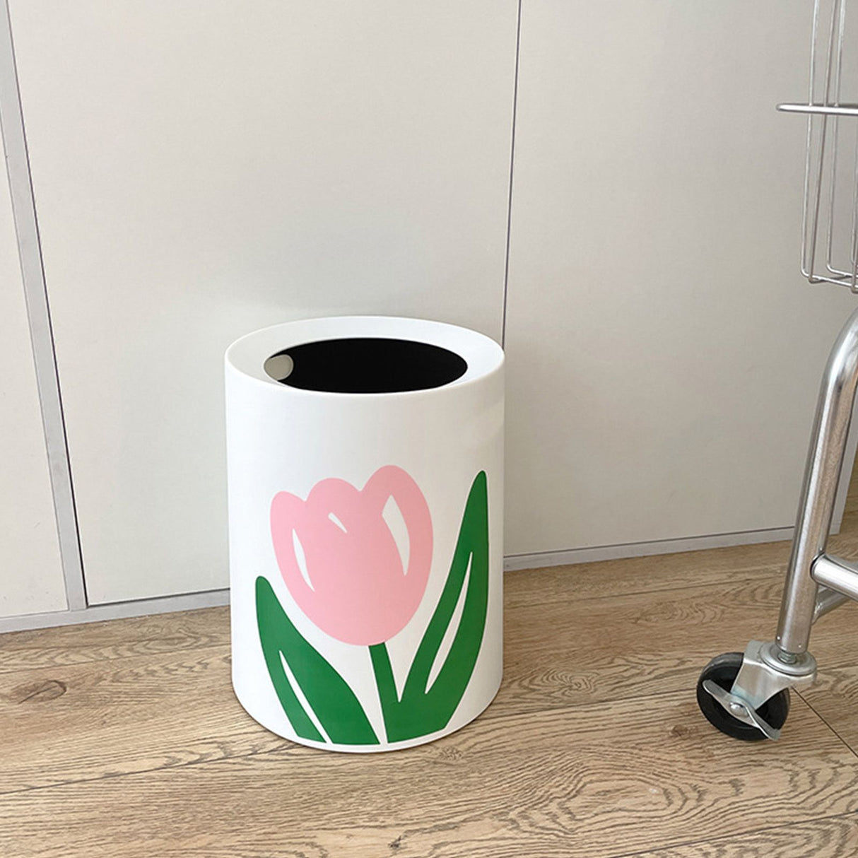 Floral Trash Can Large Mouth Cute Appearance Modern Style Garbage Waste Basket for Kitchen Bathroom Bedroom Round Small Size