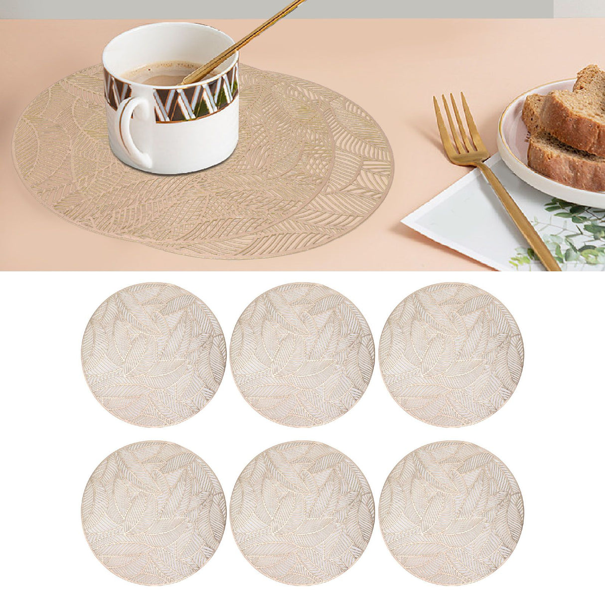 6 Pcs Round Placemat Gold Hollowed Eco Friendly PVC Heat Resistant 38cm Dining Table Mat