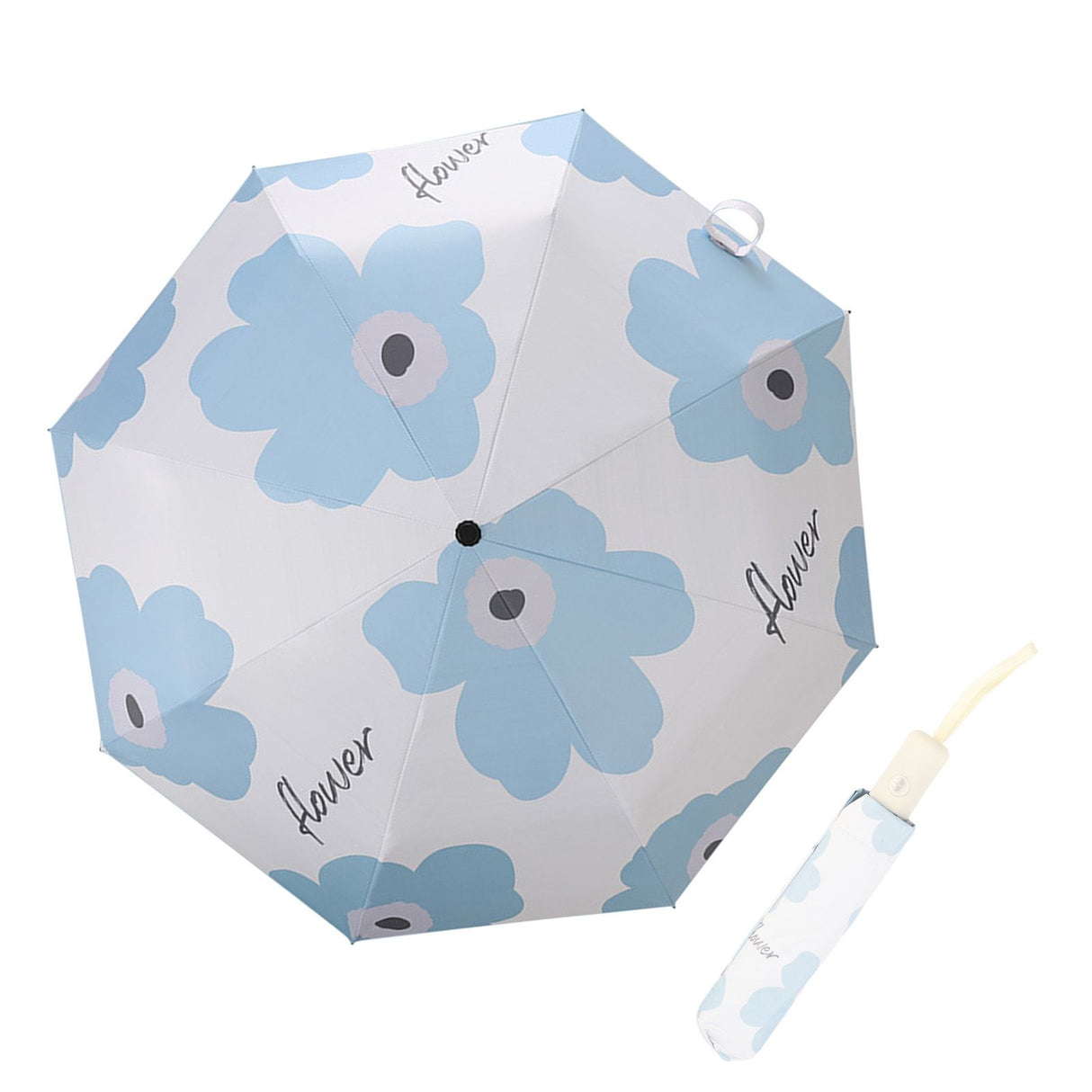 Flower Pattern Folding Umbrella UV Protection Foldable Rain Shine Dual Use Sun Umbrella for Travelling Sky Blue