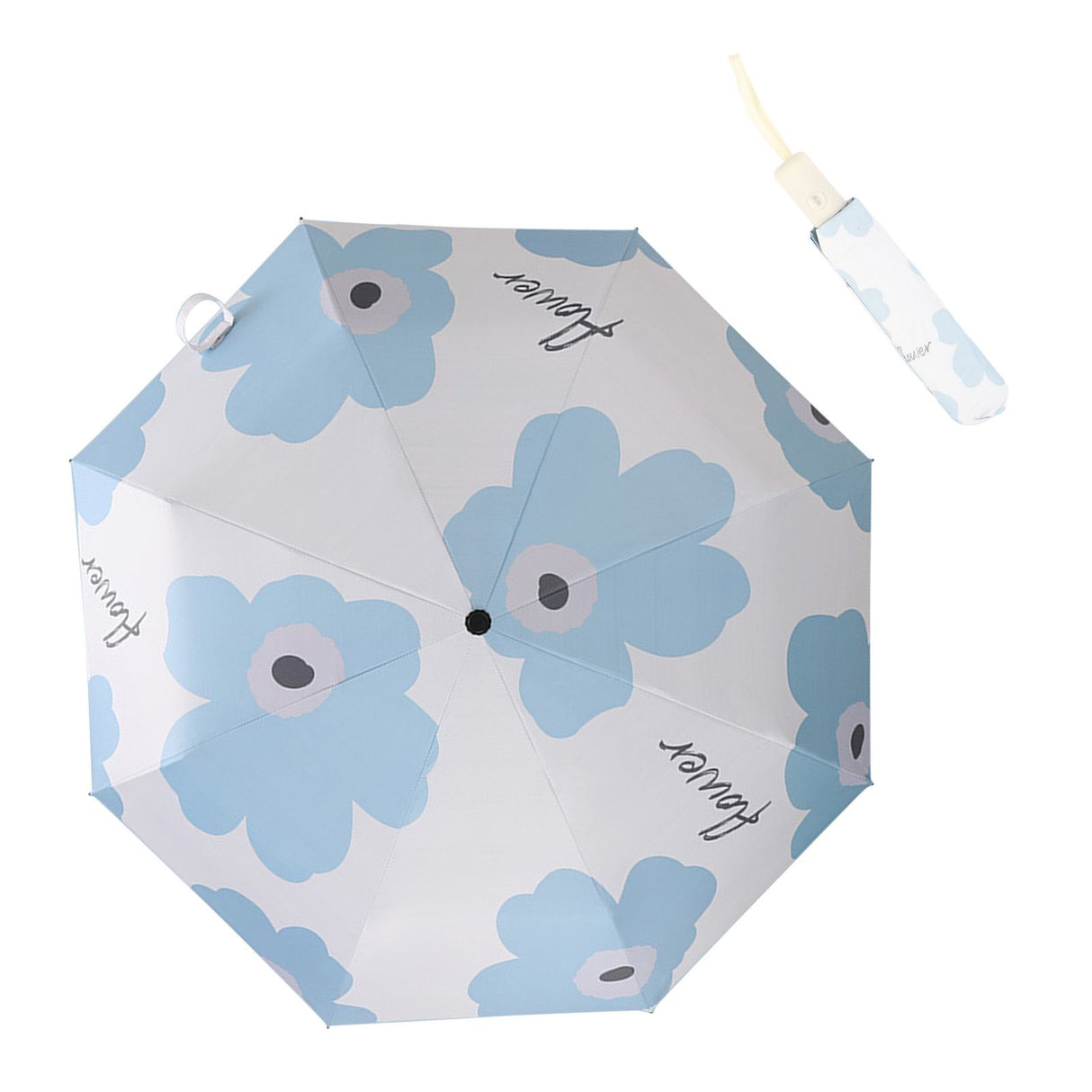 Flower Pattern Folding Umbrella UV Protection Foldable Rain Shine Dual Use Sun Umbrella for Travelling Sky Blue