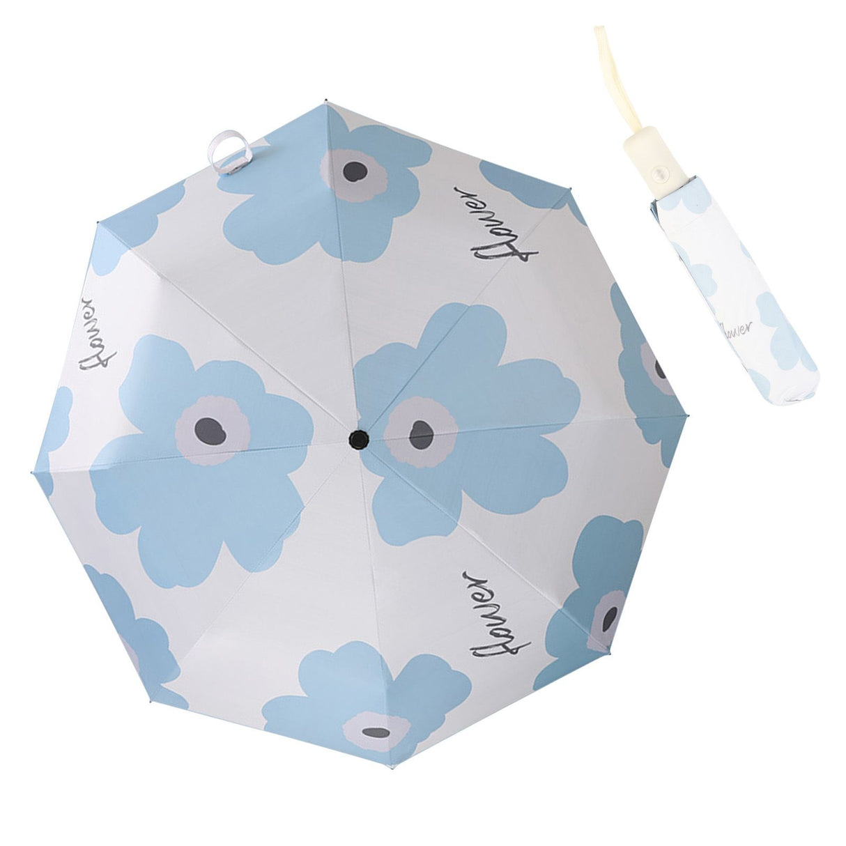 Flower Pattern Folding Umbrella UV Protection Foldable Rain Shine Dual Use Sun Umbrella for Travelling Sky Blue