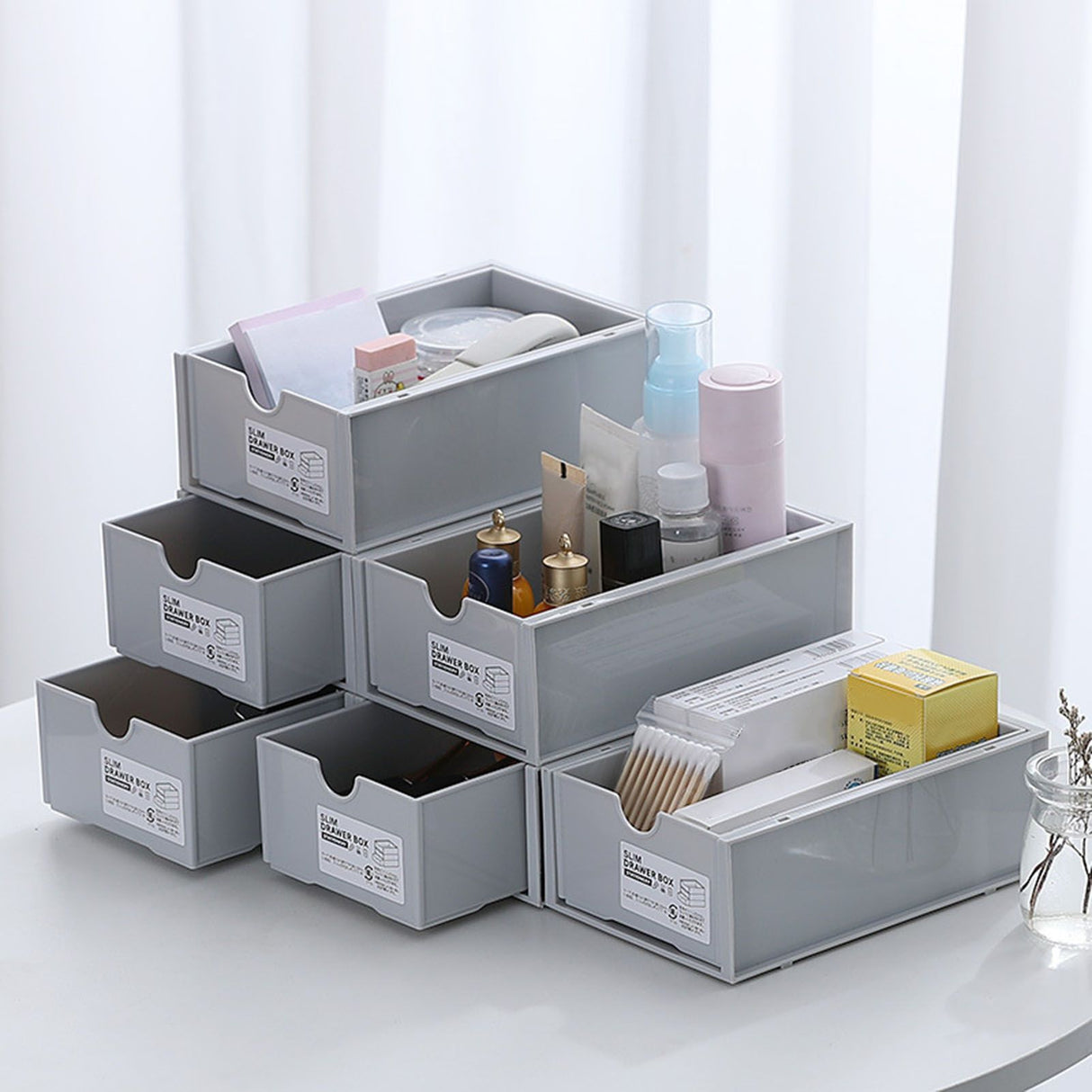 Desktop Storage Box Plastic Desk Makeup Organizer Stationery Supplies Storage Box with Drawer Grey