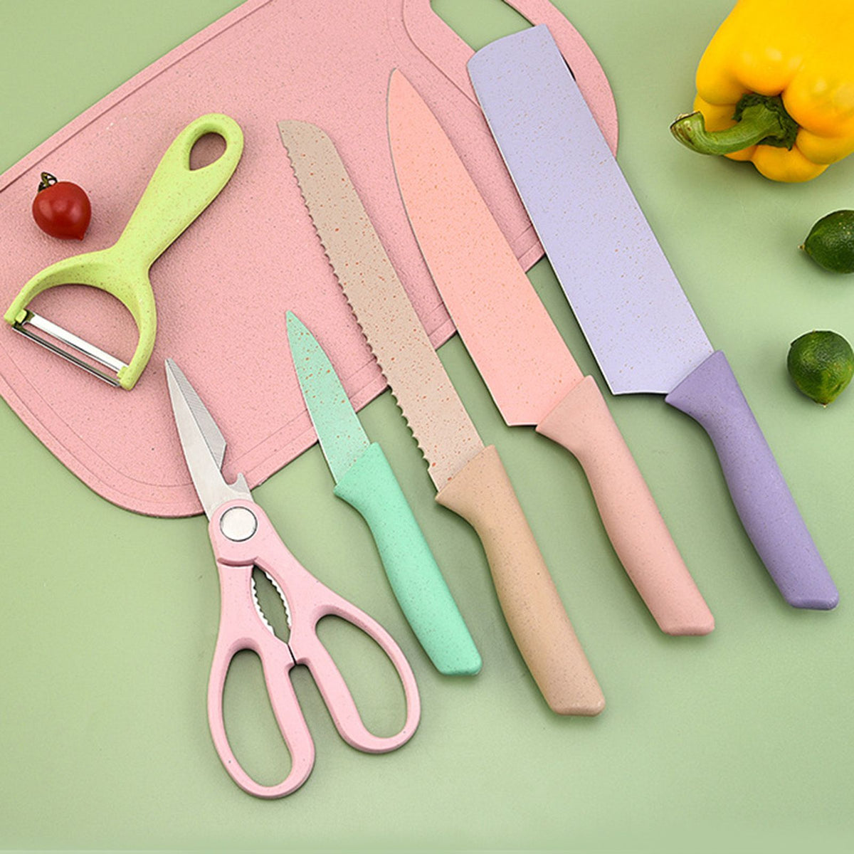 7 PCS Wheat Straw Knife Set Chef Knife Bread Knife Peeling Knife Scissors Peeler Cutter Kit with Chopping Board