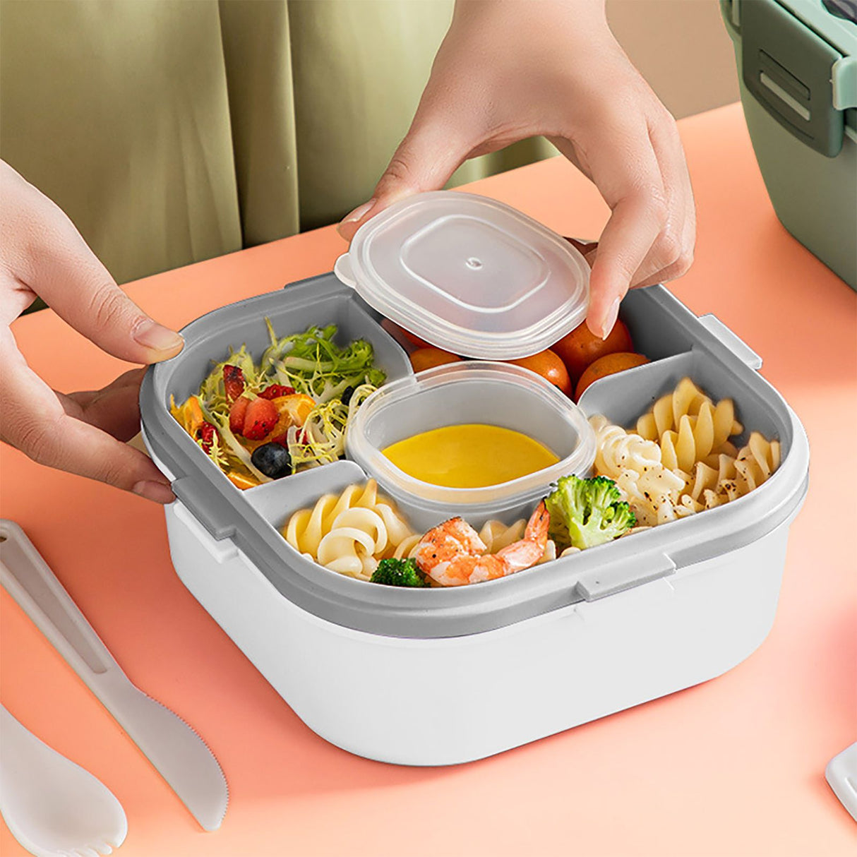 2 Layer Plastic Salad Lunch Box Microwave Safe Salad Lunch Container Portable Fruit Fat Reducing Light Food Picnic Box for Office Workers White, 1200ml