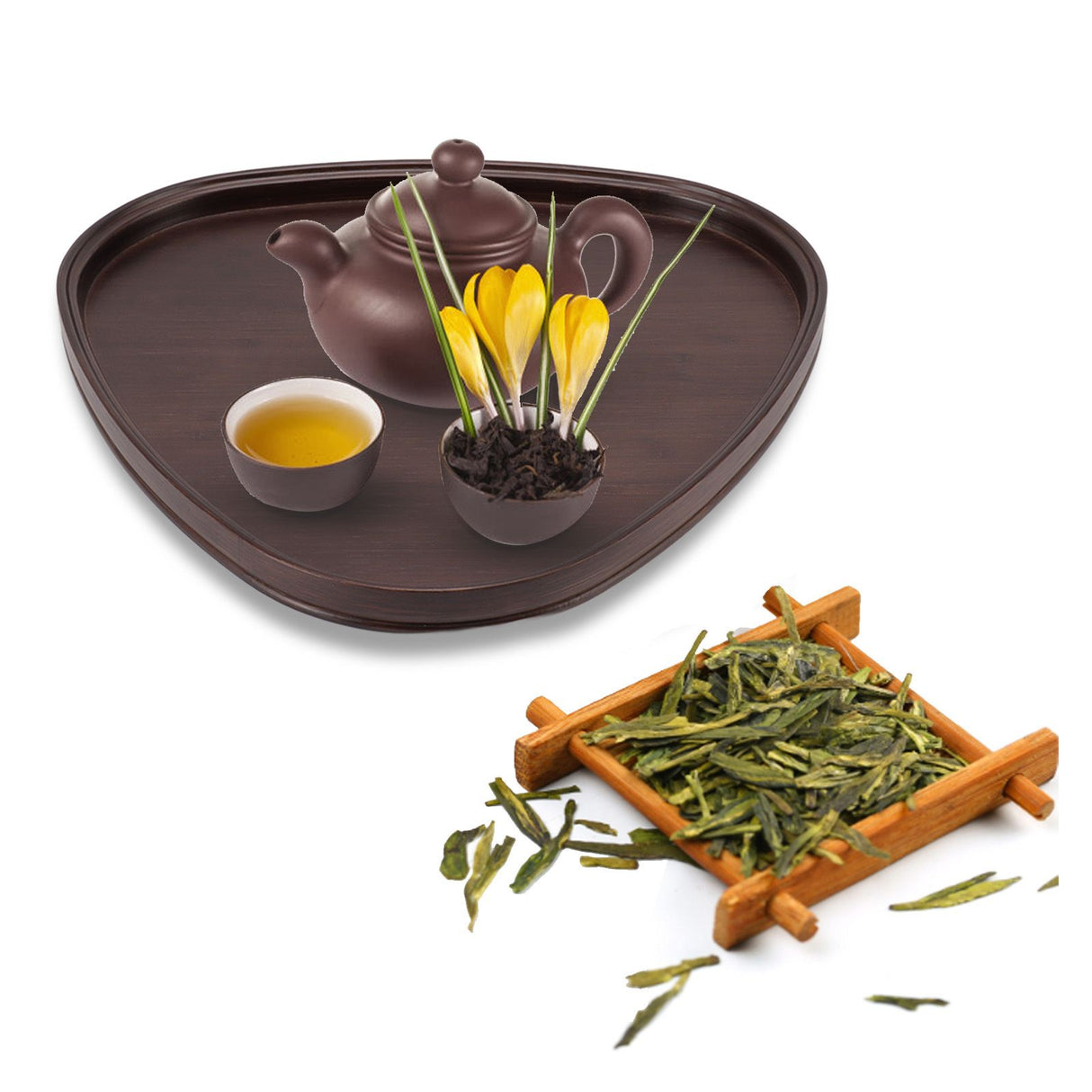 Wood Serving Tray Sturdy Bamboo Simple Elegant Triangular Multifunction Wooden Tea Tray for Cafe Office Dining Table Small