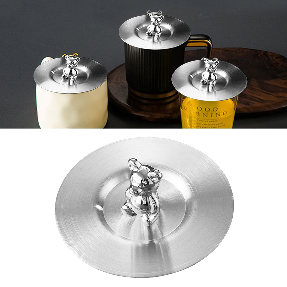 Cute Bear Cup Cover Stainless Steel Dustproof Rounded Edges Glossy Surface Artistic Cup Lid for Mug Glass Cup Silver