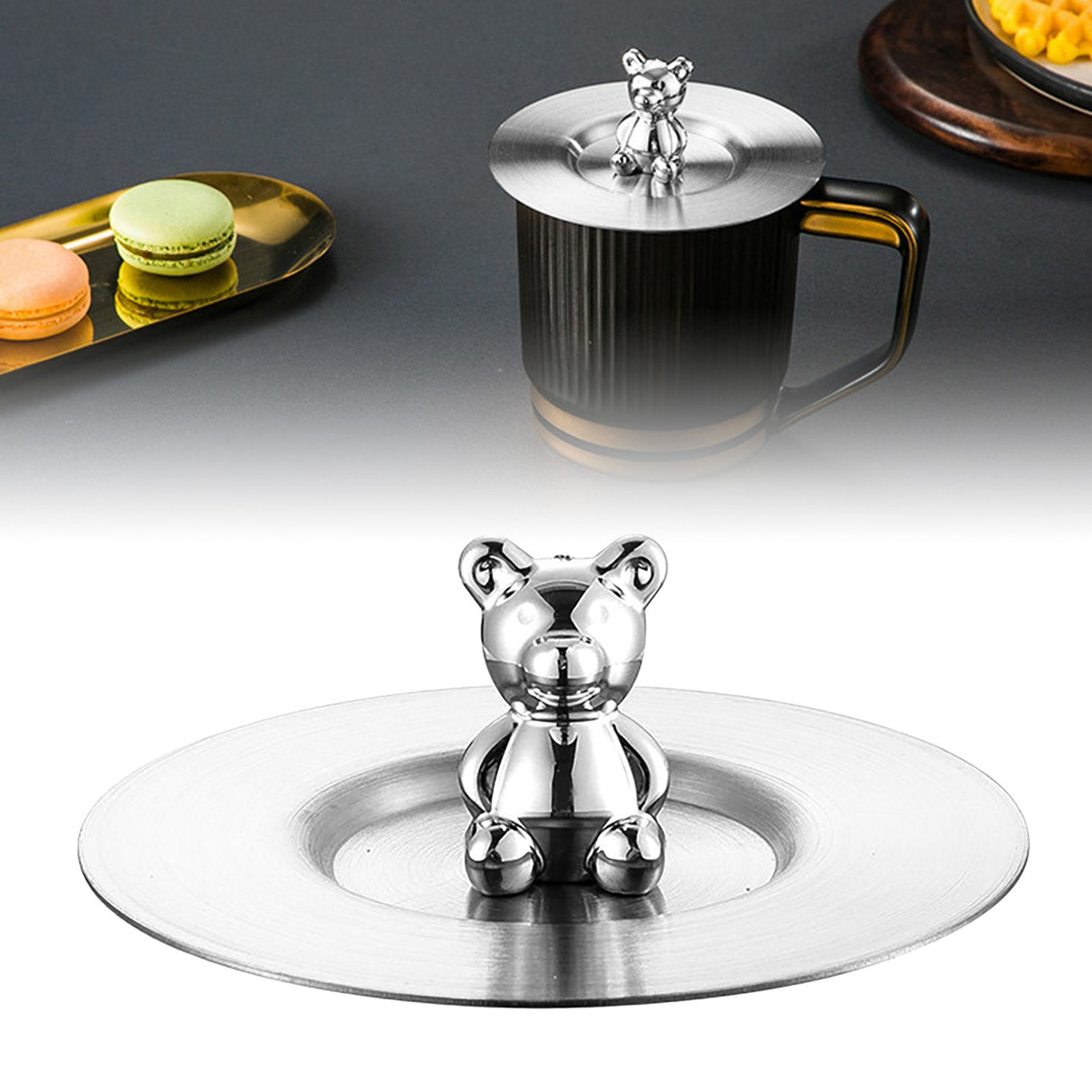 Cute Bear Cup Cover Stainless Steel Dustproof Rounded Edges Glossy Surface Artistic Cup Lid for Mug Glass Cup Silver