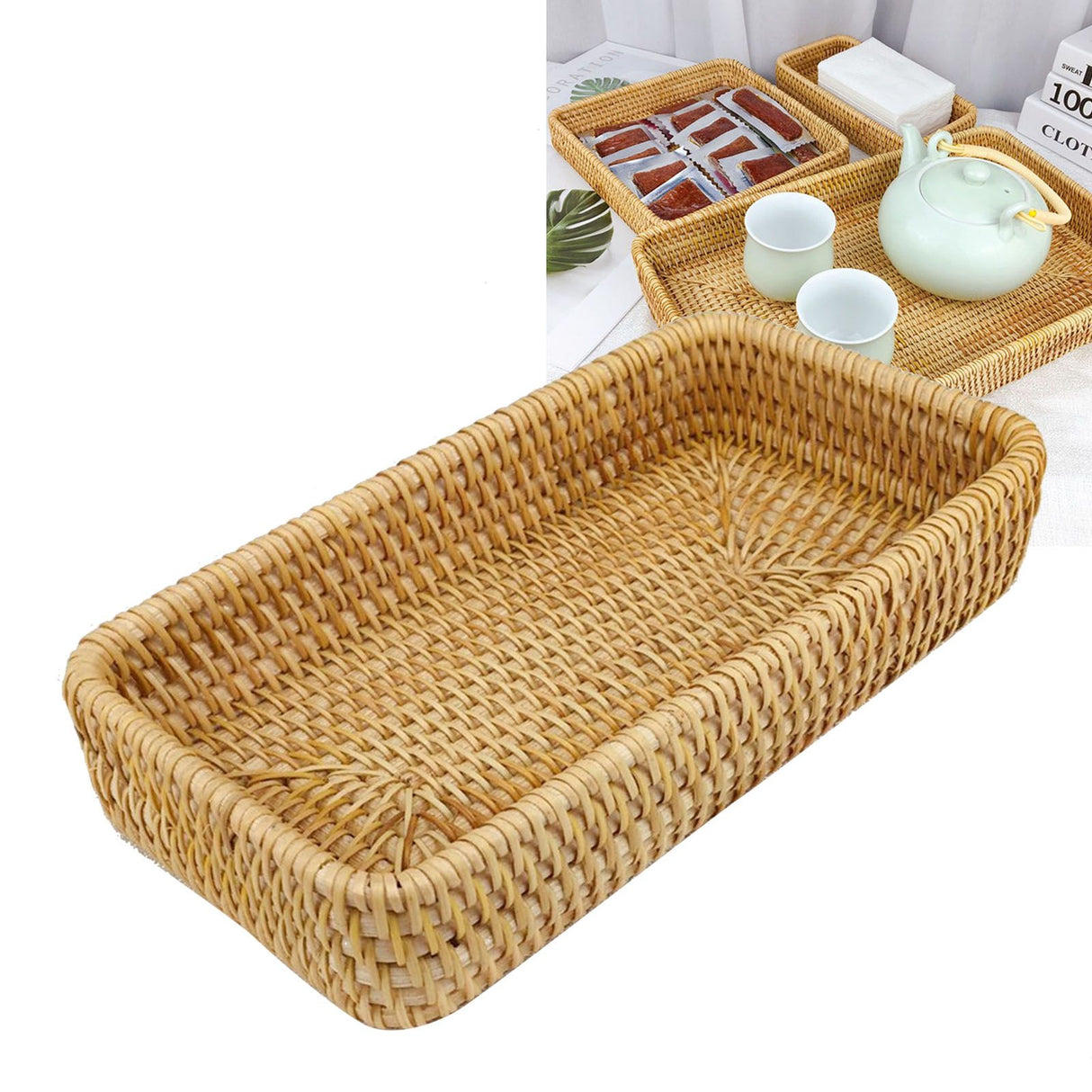Rattan Tray Tabletop Organization Hand Woven Snack Storage Basket Multifunctional Serving Tray S