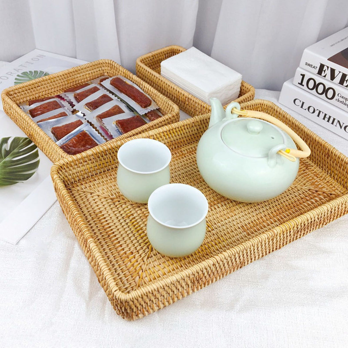 Rattan Tray Tabletop Organization Hand Woven Snack Storage Basket Multifunctional Serving Tray M
