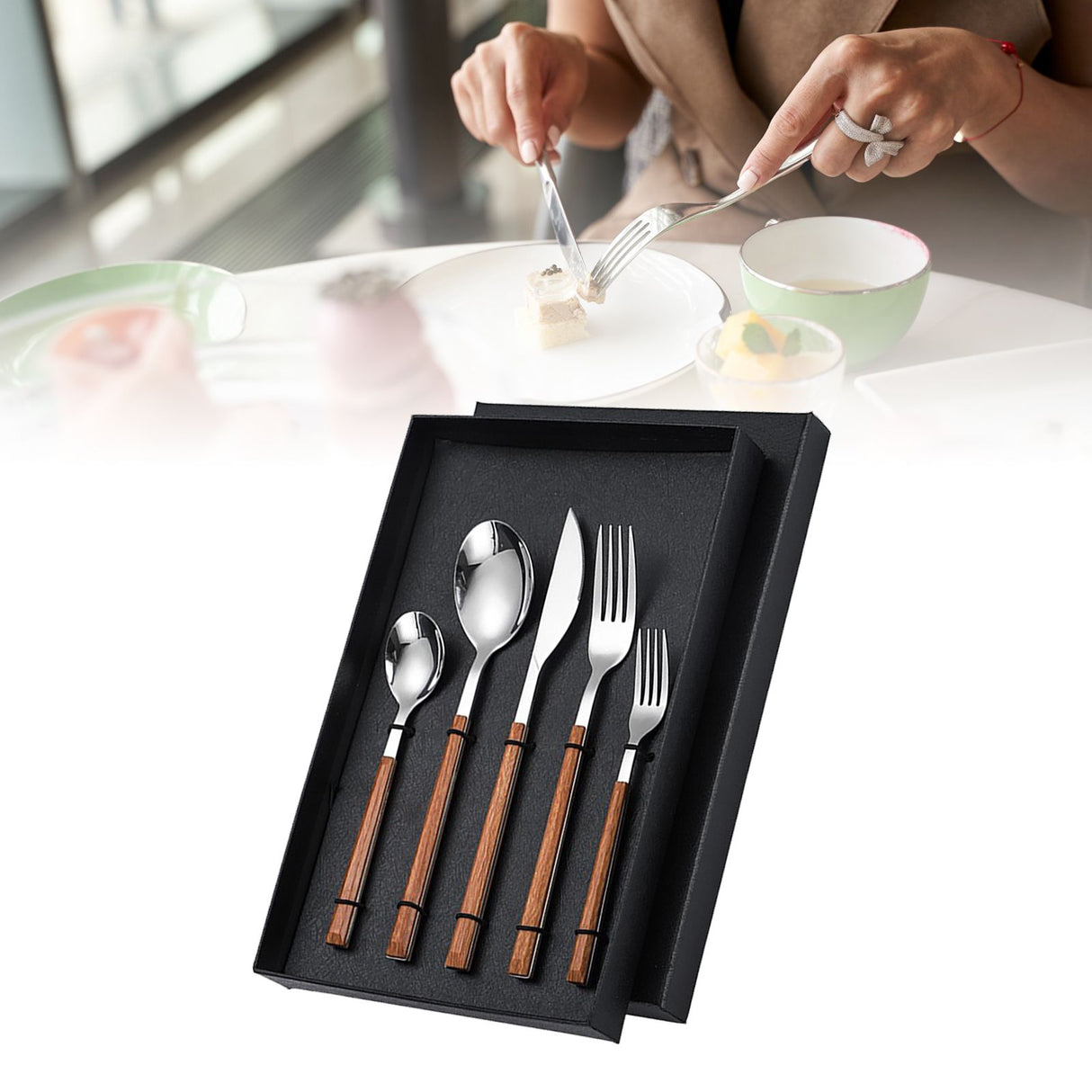 Tableware Cutlery Set Stainless Steel Dinner Knives Forks Spoons Eating Utensils High Hardness Flatware Set Wood Grain Handle