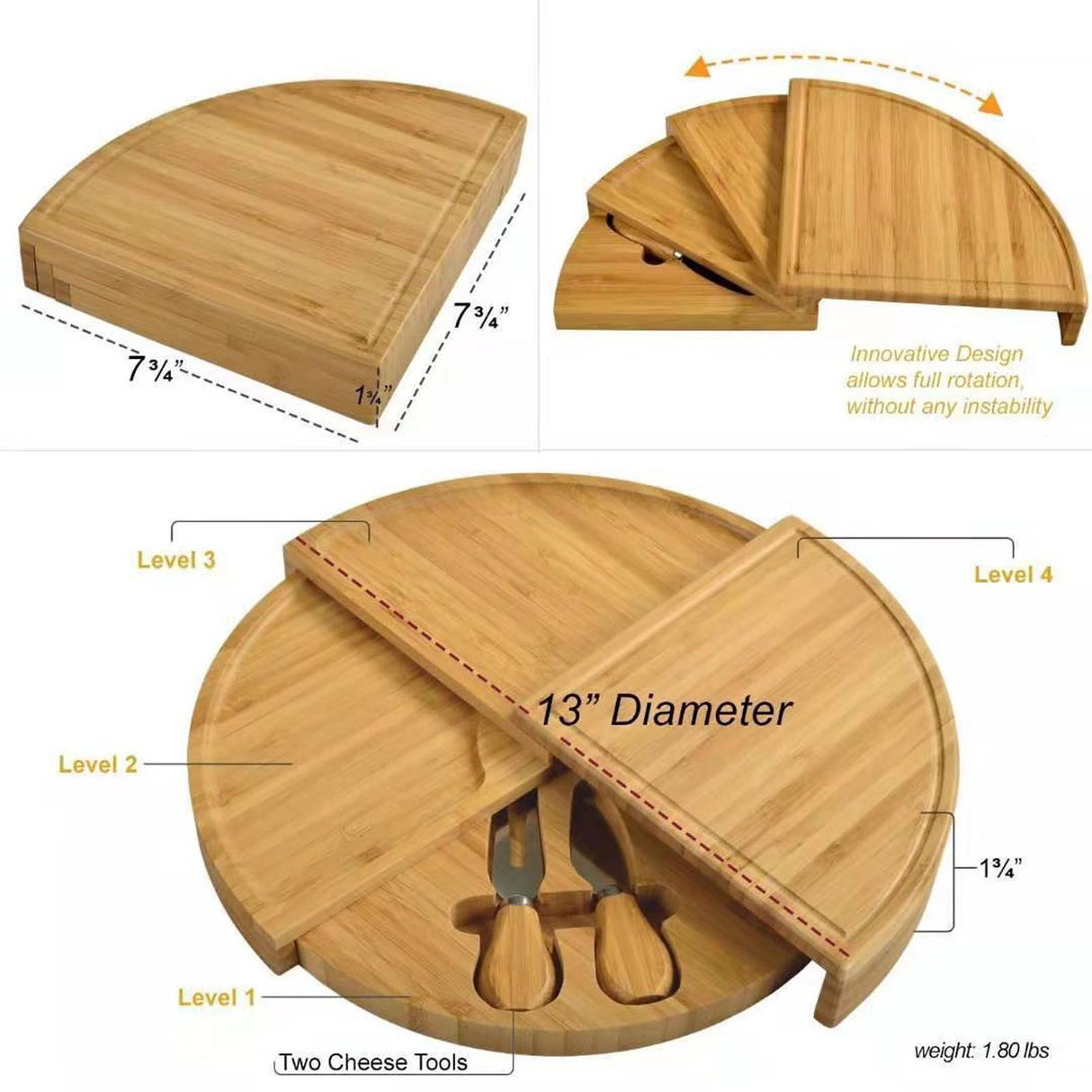Bamboo Cheese Plate Board with 2 Knife Concealed Compartment Bread Fruit Snack Serving Tray