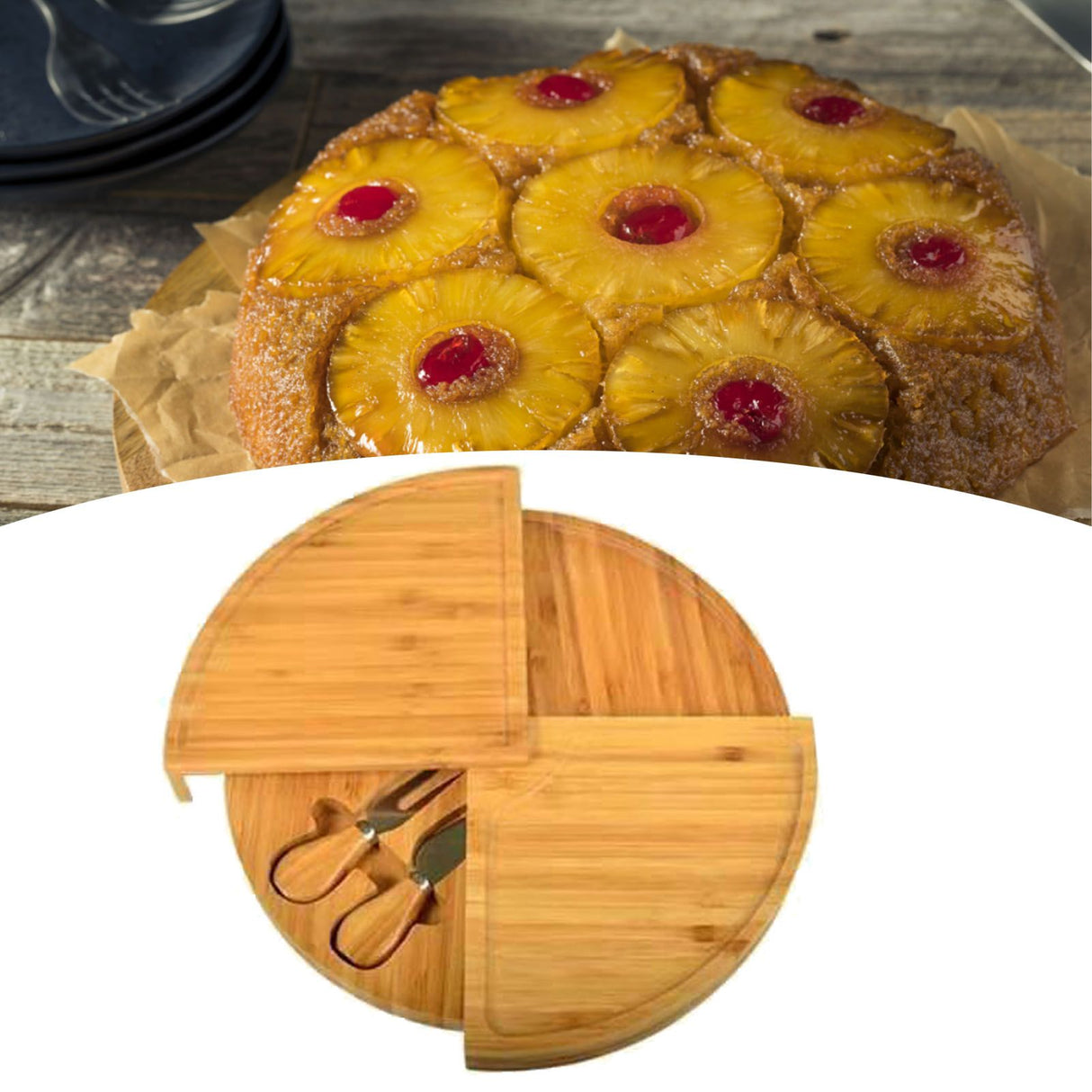 Bamboo Cheese Plate Board with 2 Knife Concealed Compartment Bread Fruit Snack Serving Tray