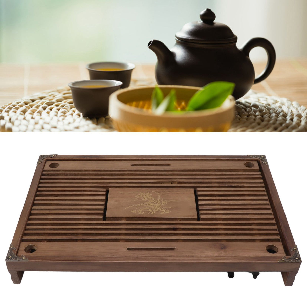 Gongfu Tea Tray Water Storage Drainage Home Decoration Ornament Serving Tray for Office Brown